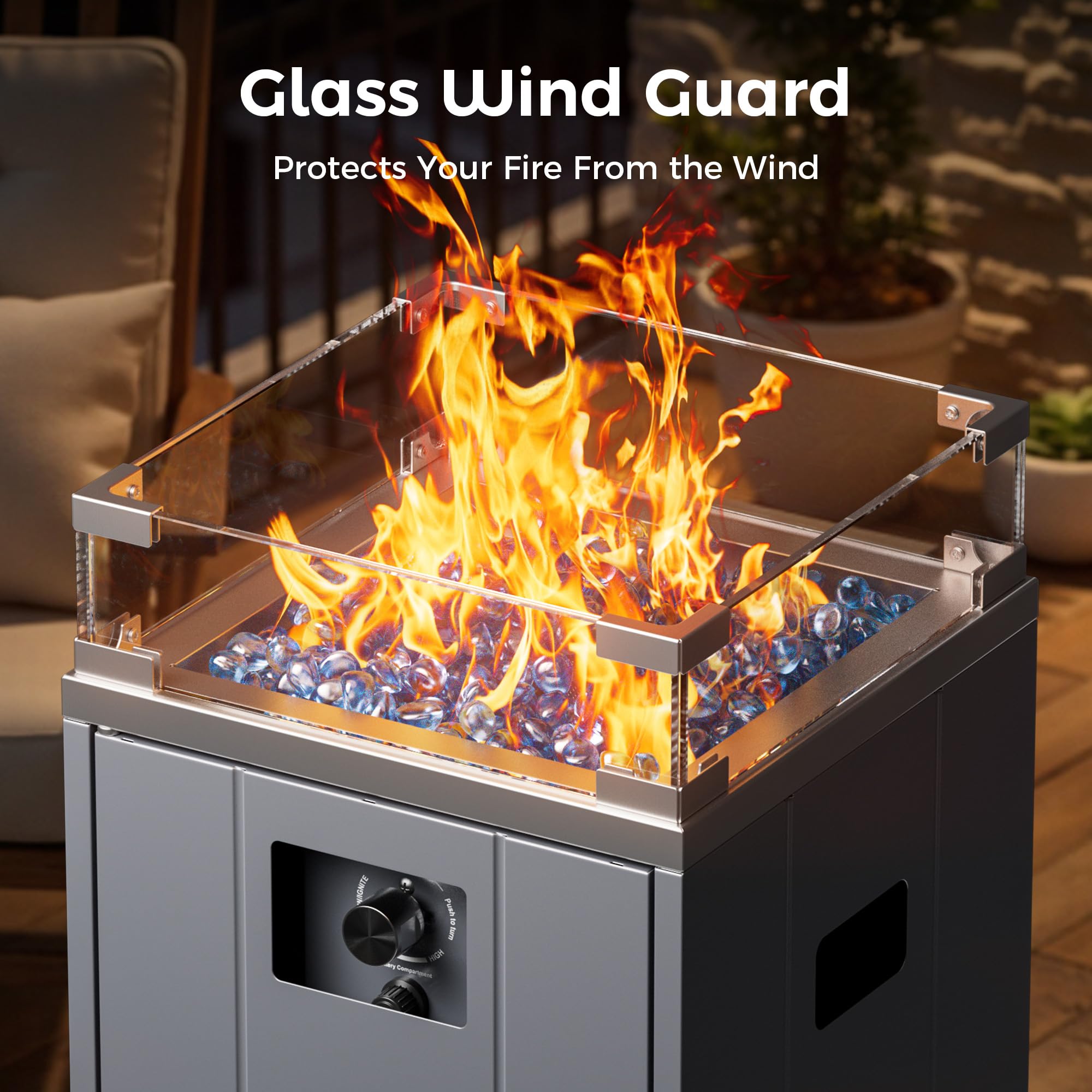 15 Inch Gas Fire Pit with Glass Wind Guard