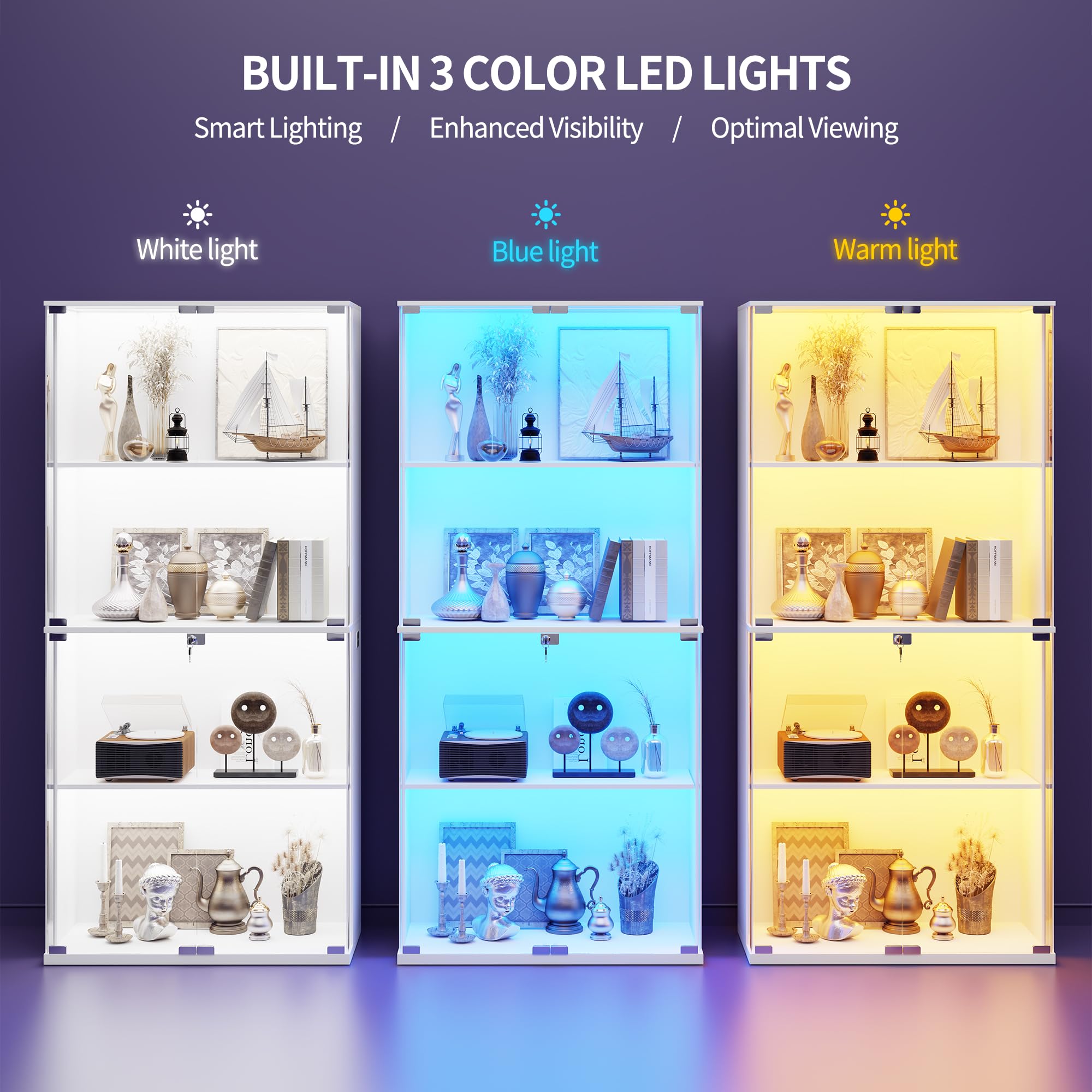Glass Display Cabinet with LED Lights 4-Tier Curio Display Case with Lock
