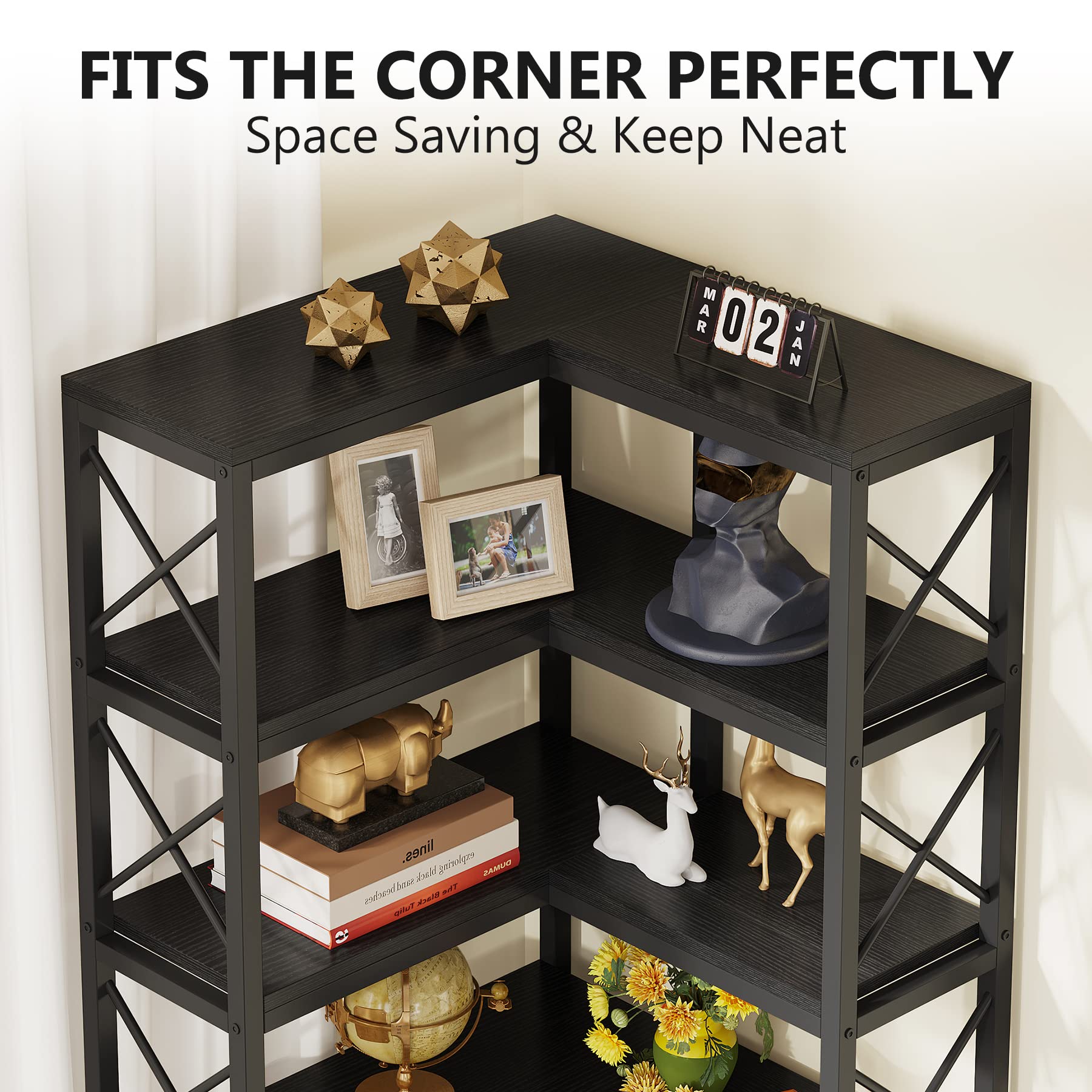 7-Tier Corner Bookshelf with Metal Frame