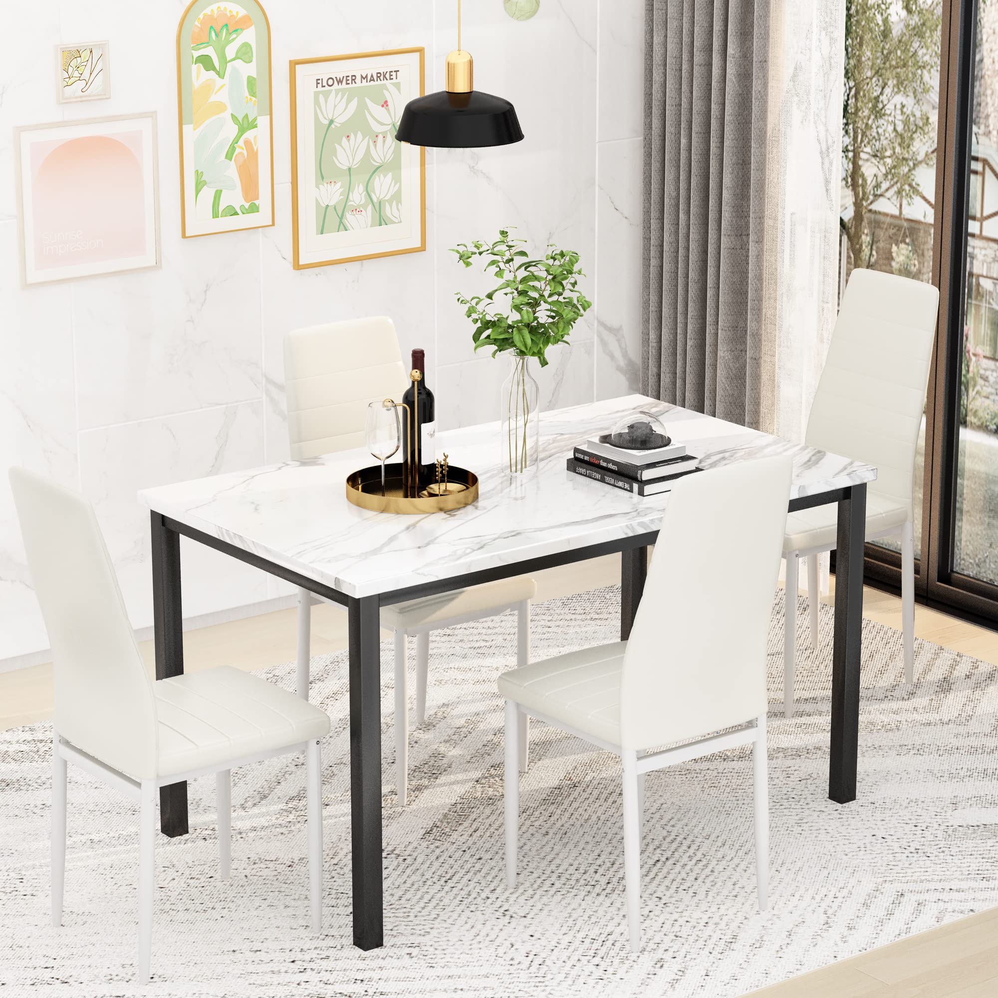Lamerge Kitchen Tables Set for 4, Dining Faux Marble Top Table and 4 PU Leather Chairs, 5 Pieces Dining Room Table Set for Small Space, Breakfast Nook and Apartment,White+Beige,Dining Table024