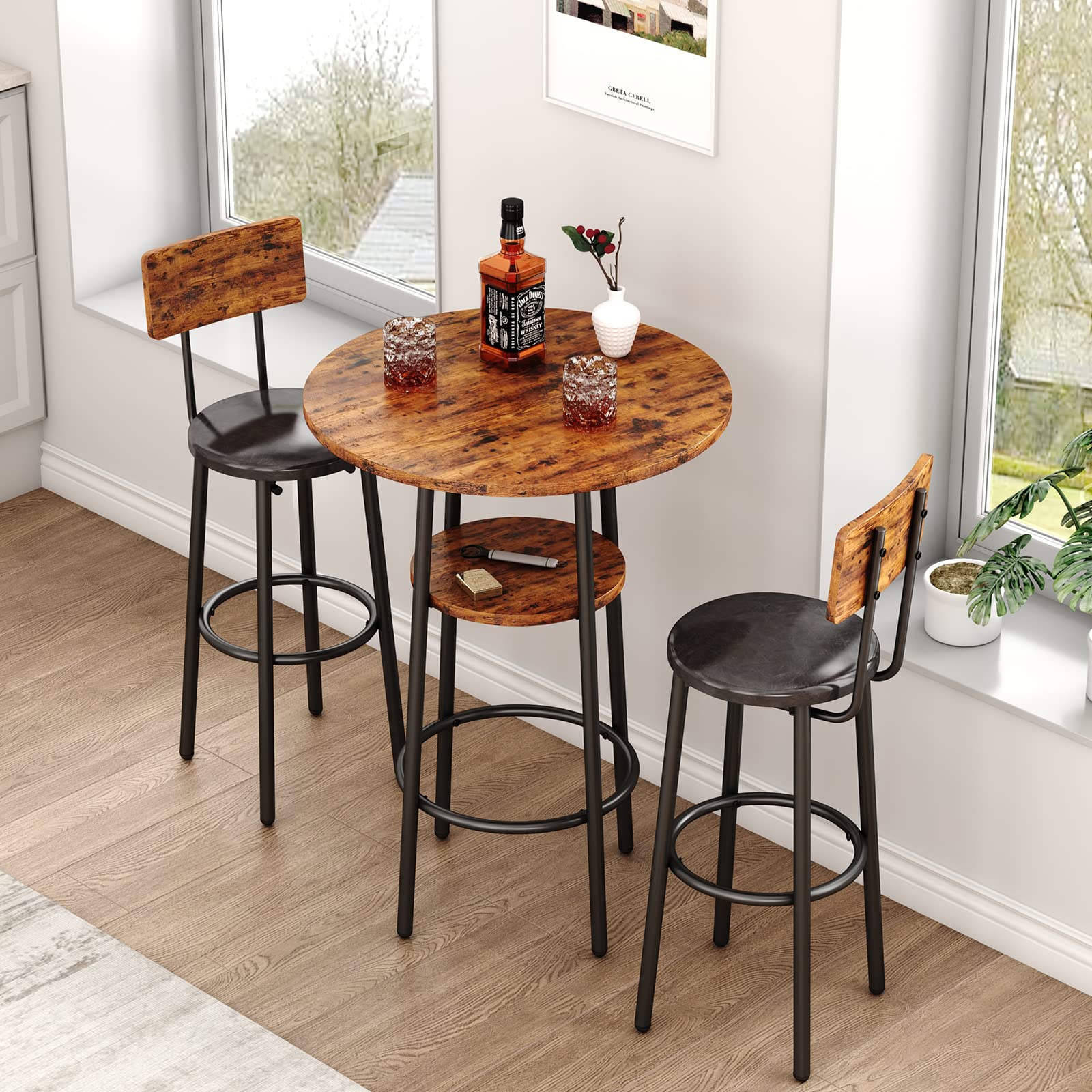 3-Piece Round Bar Table Set with Upholstered Stools