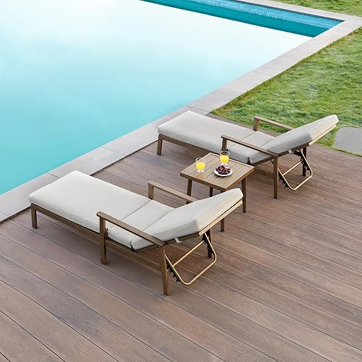 2-Pack Teak Chaise Lounge Chairs with Gray Cushions