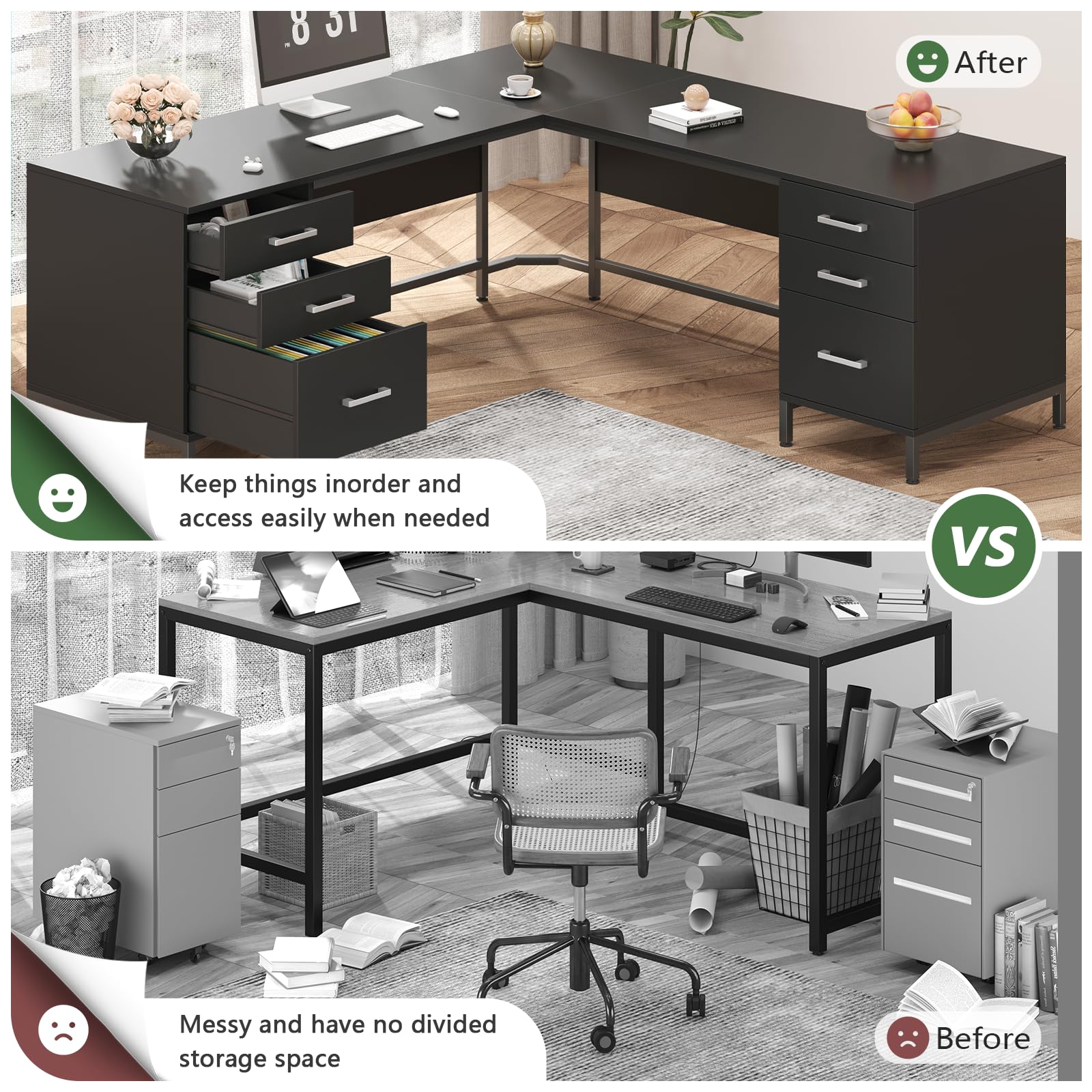 59" L-Shaped Desk with 6 Drawers and File Cabinet