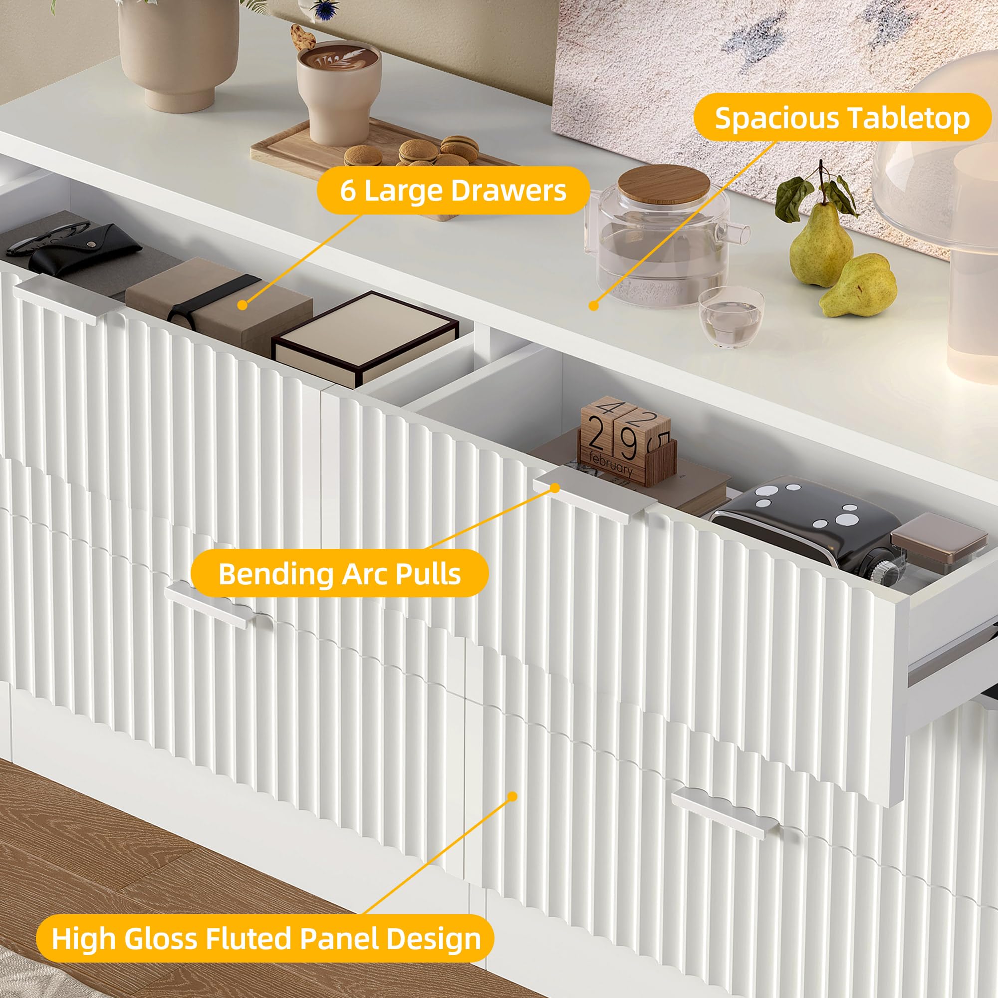 Fluted 6 Drawer Dresser 47.5" Wide White