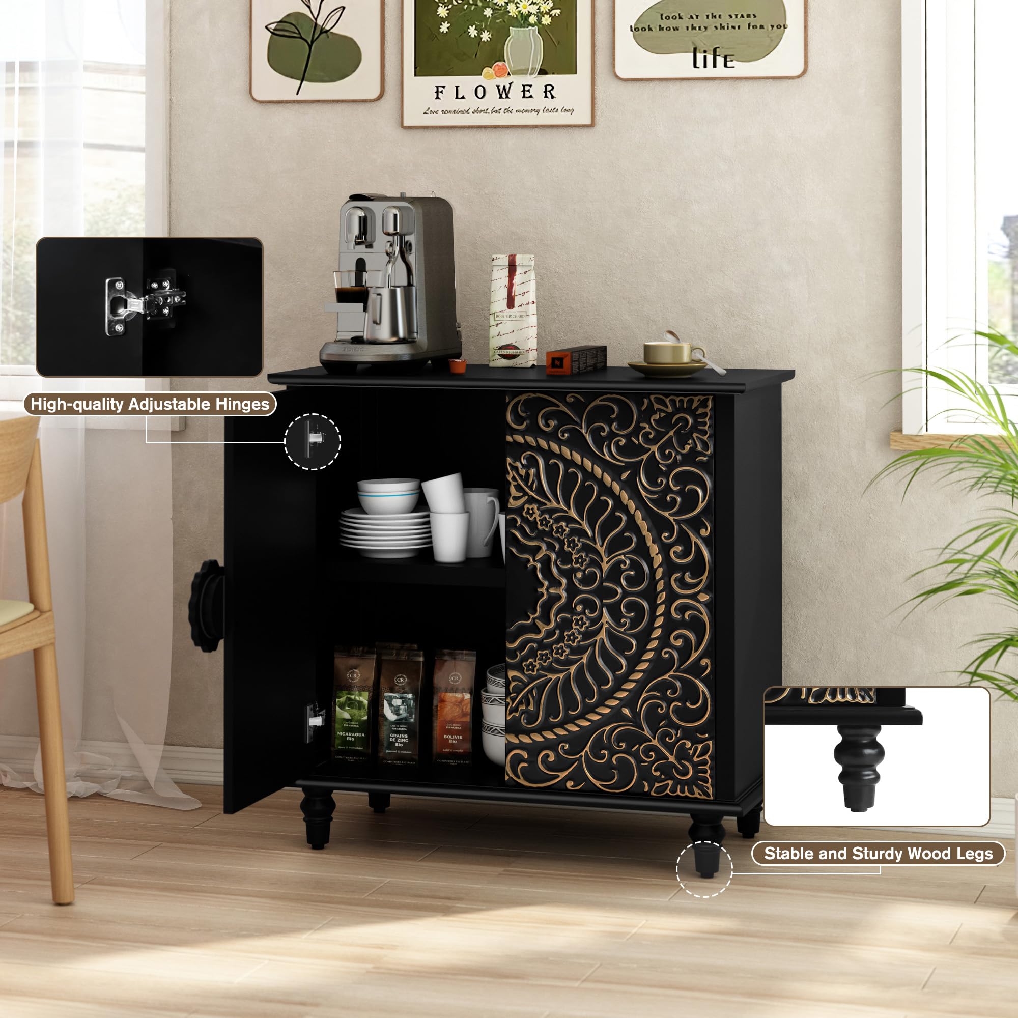 Decorative Accent Storage Cabinet with Carved Flower Pattern