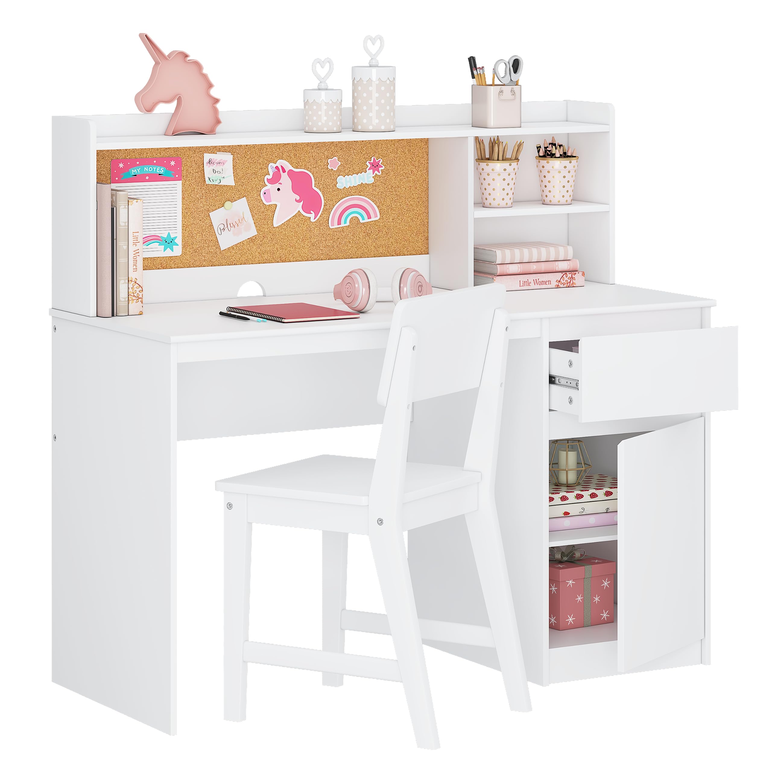 Kids Study Desk with Chair Set - Hutch and Storage Cabinet
