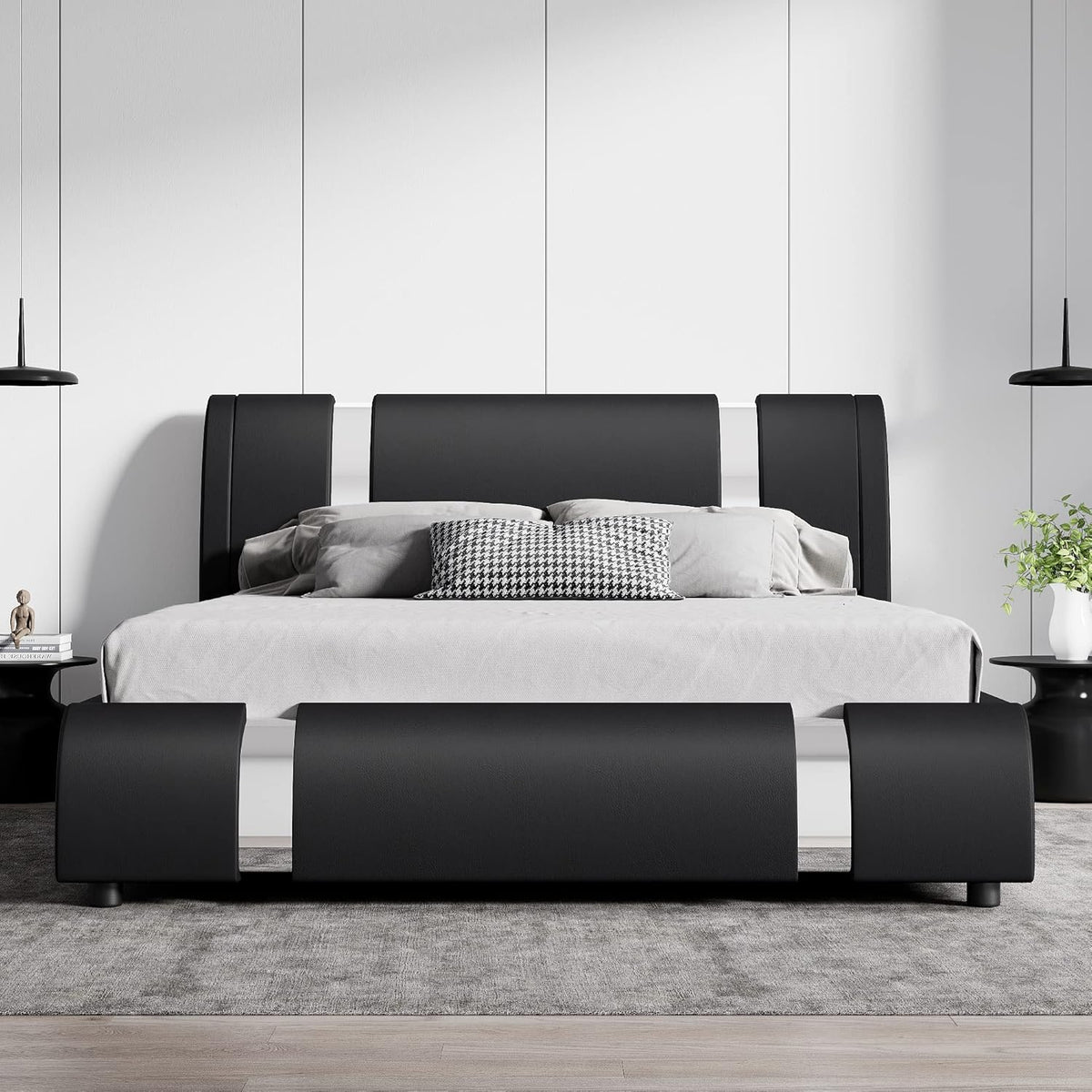 Modern Faux Leather Queen Bed Frame with Adjustable Headboard