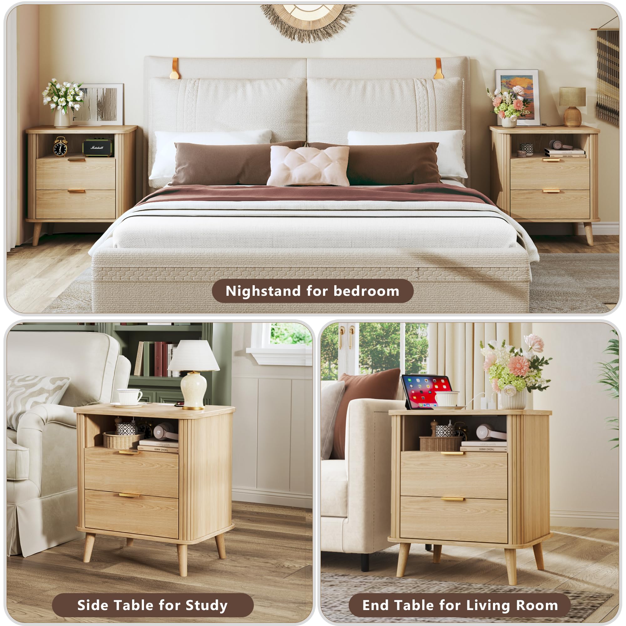 Fluted Nightstand with Charging Station