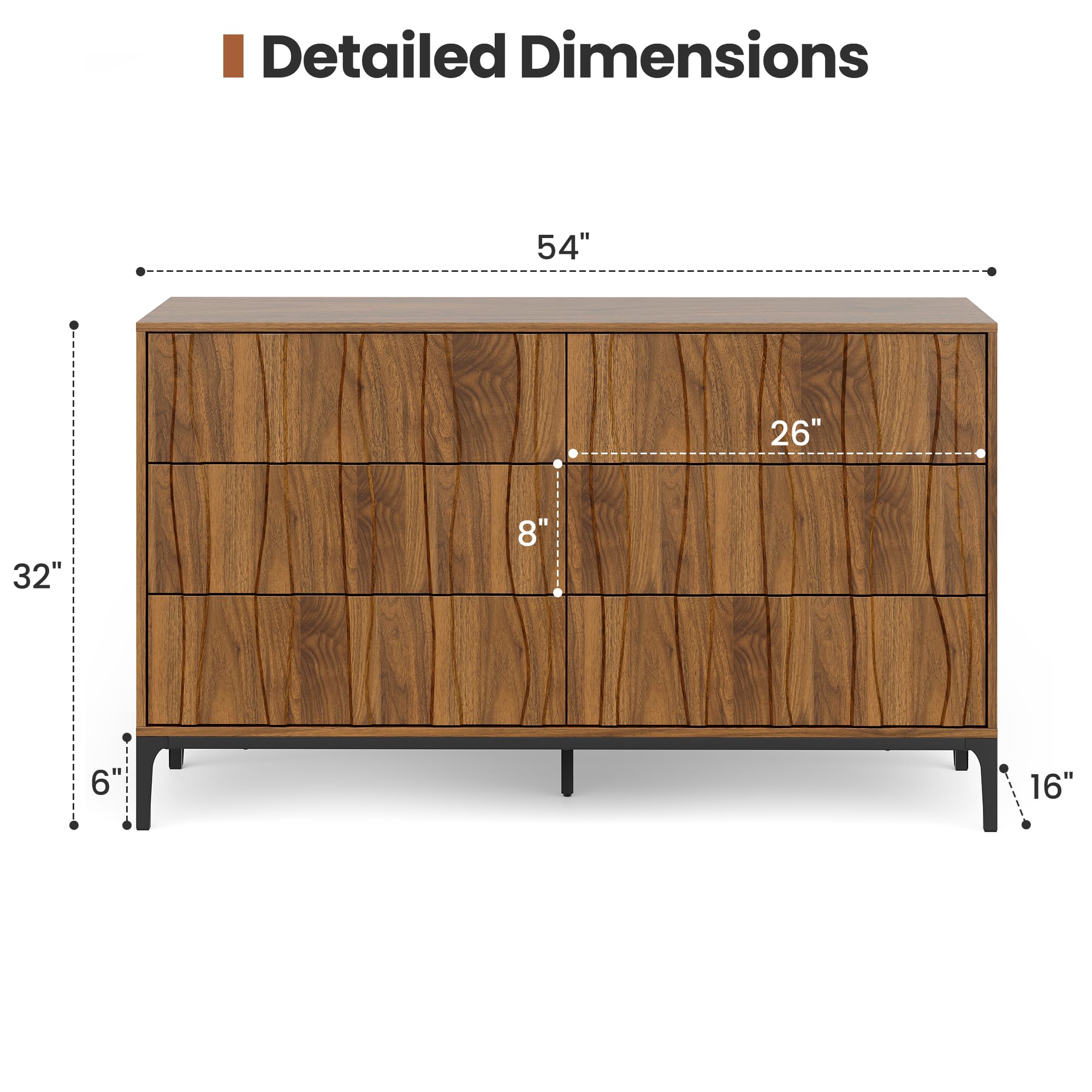 6-Drawer Dresser 54" Walnut Finish Wave Front with Push-to-Open