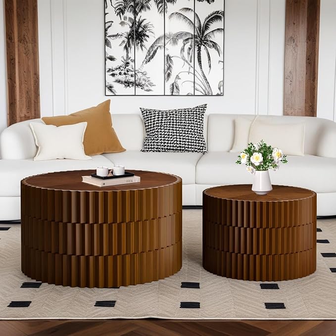 Round Nesting Coffee Table Set of 2 - Travertine Fluted Drum Tables