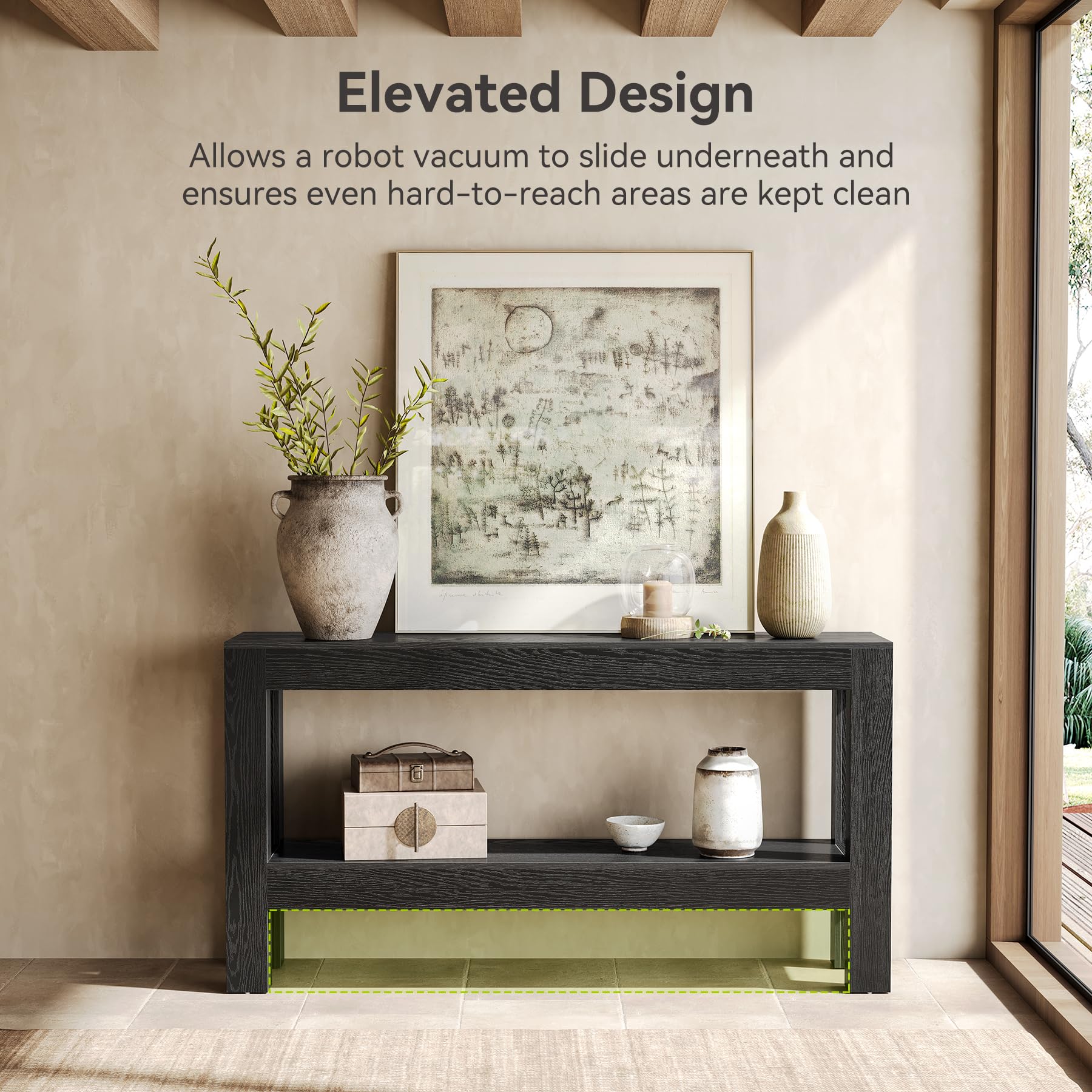 63-Inch Black Console Table with 2-Tier Storage Shelves