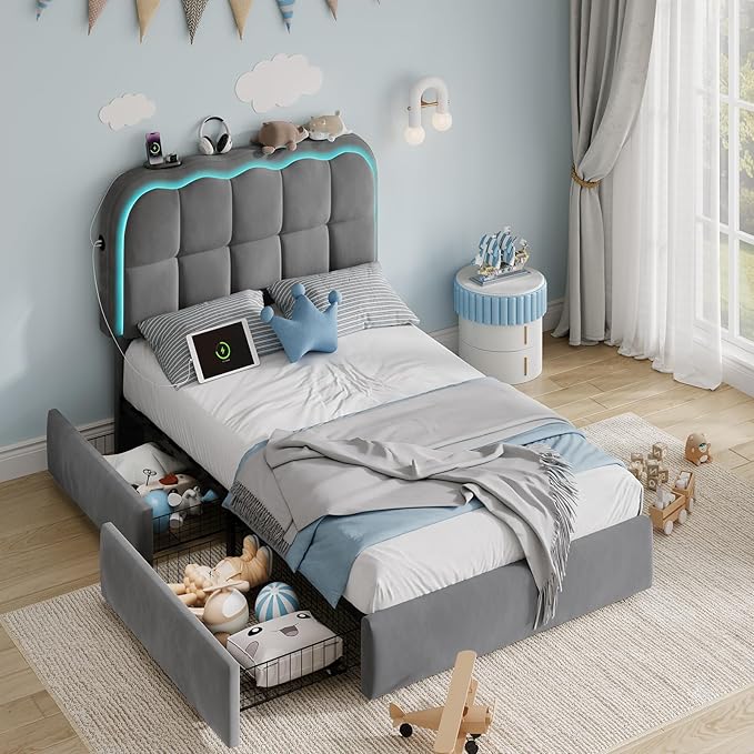 Twin Velvet Platform Bed with Storage & LED Headboard
