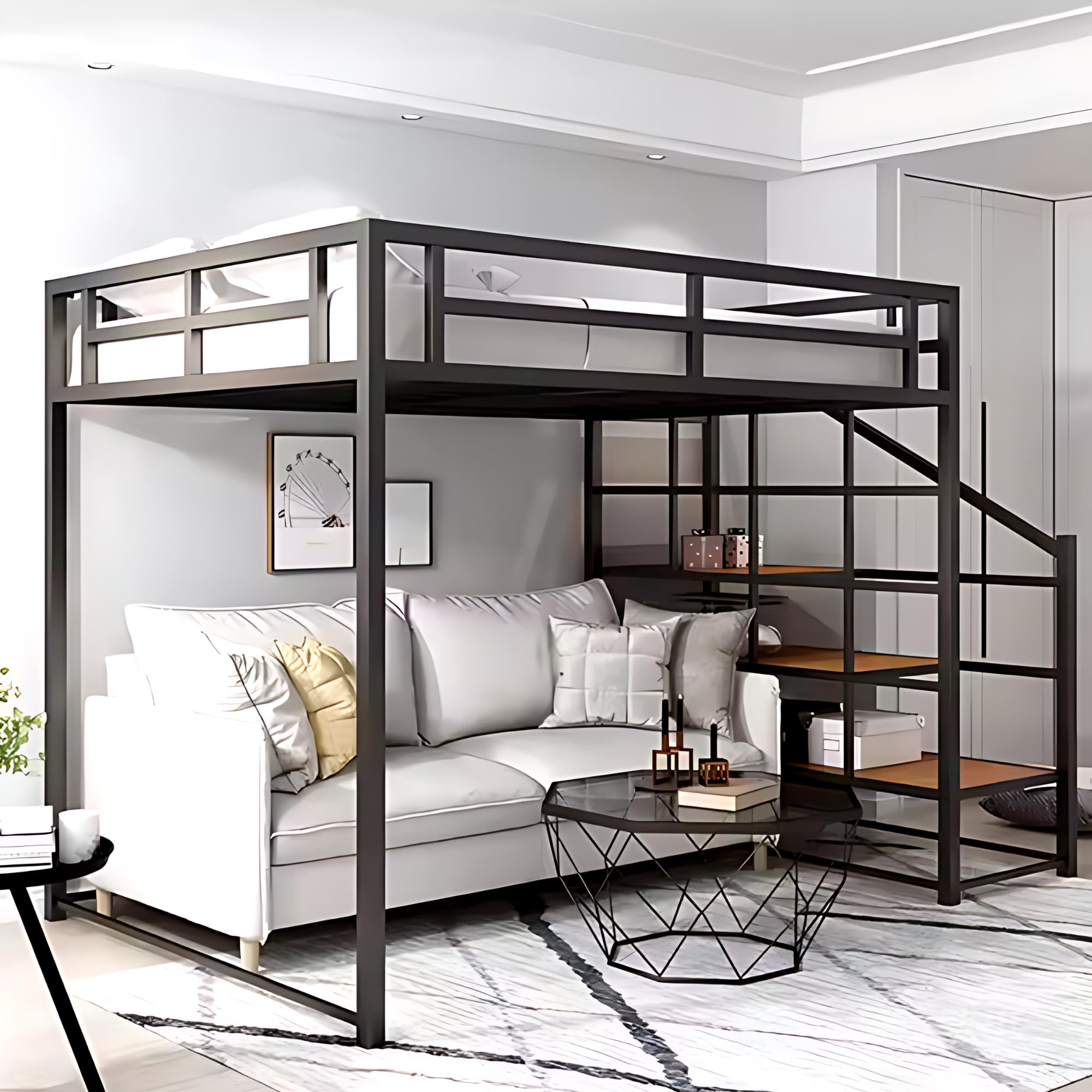 Twin XL Metal Loft Bed with Storage Shelves and Stairs