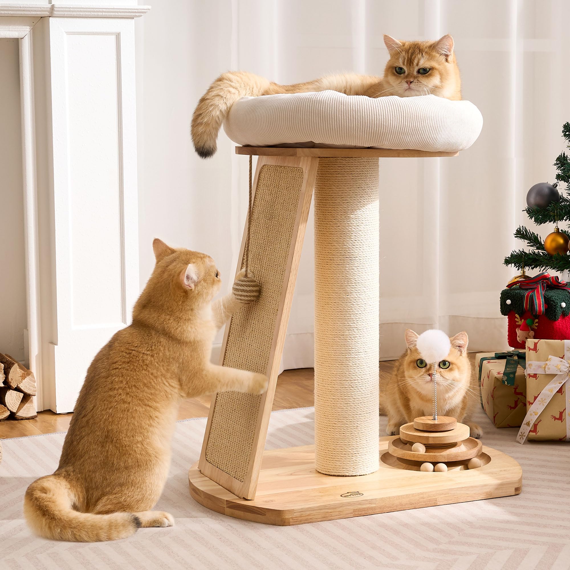 Solid Wood Cat Tree Tower with Scratching Post - 27 Inch