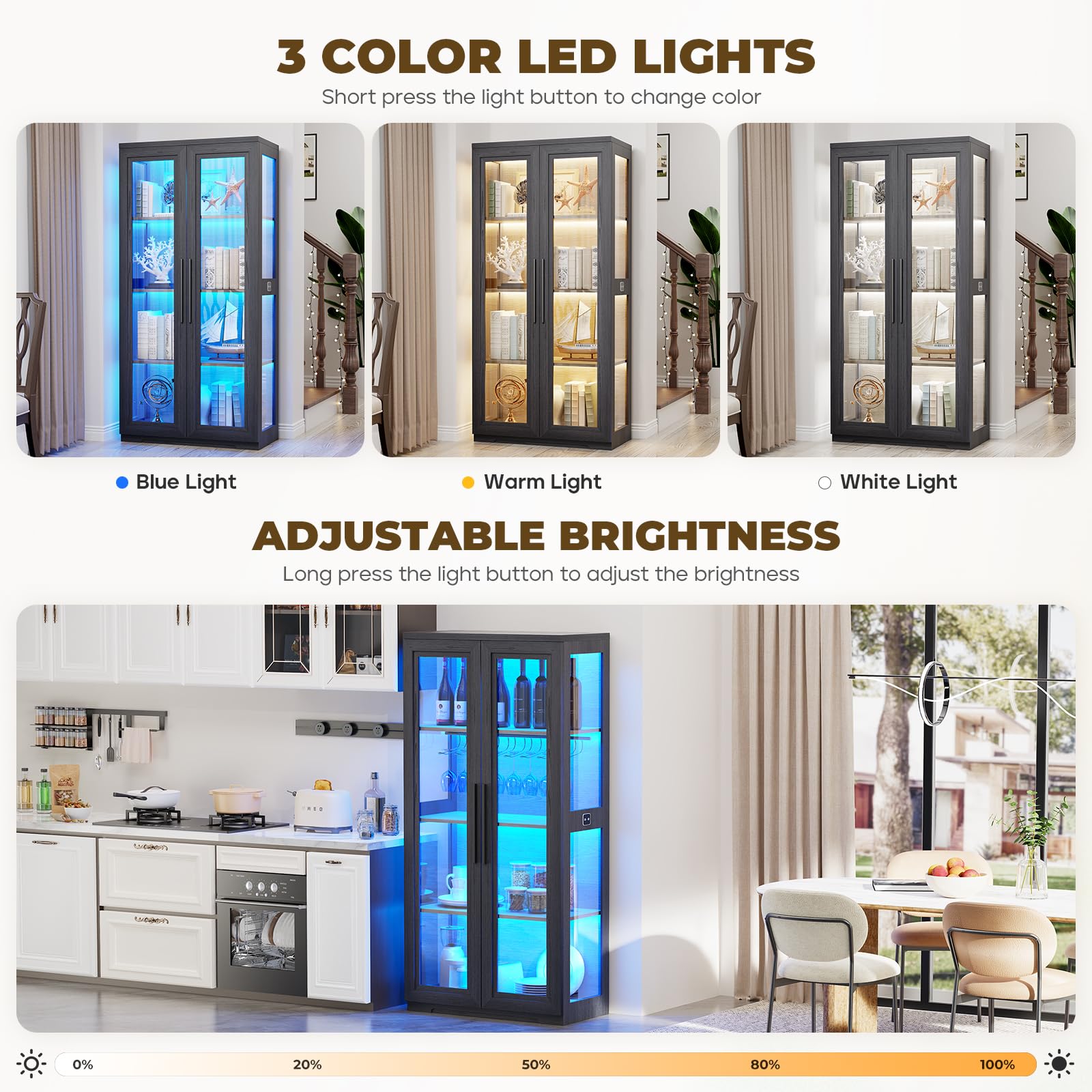 Curio Cabinet with Glass Doors and LED Lights