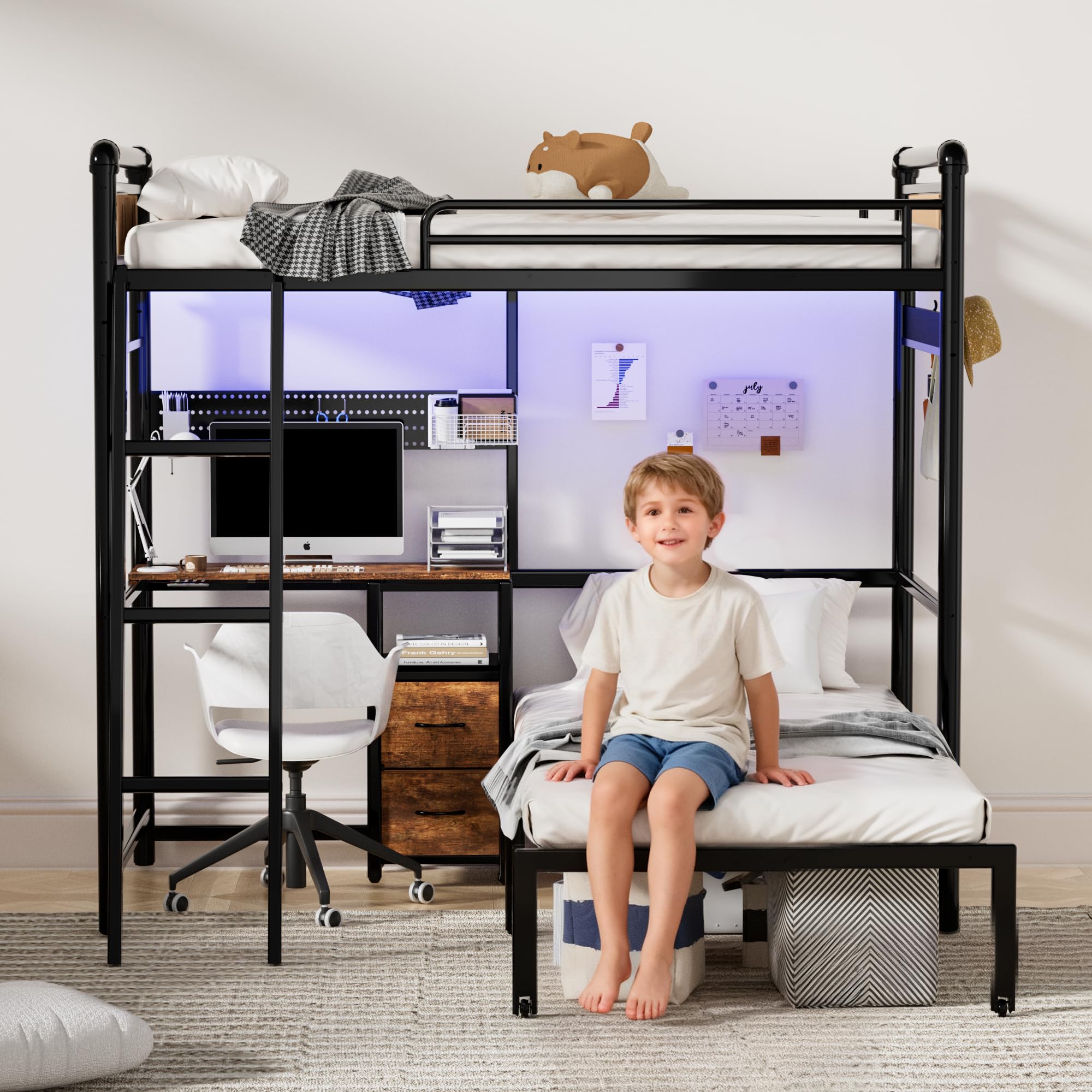 Twin Over Twin Metal Bunk Bed with LED Lights and Charging Station