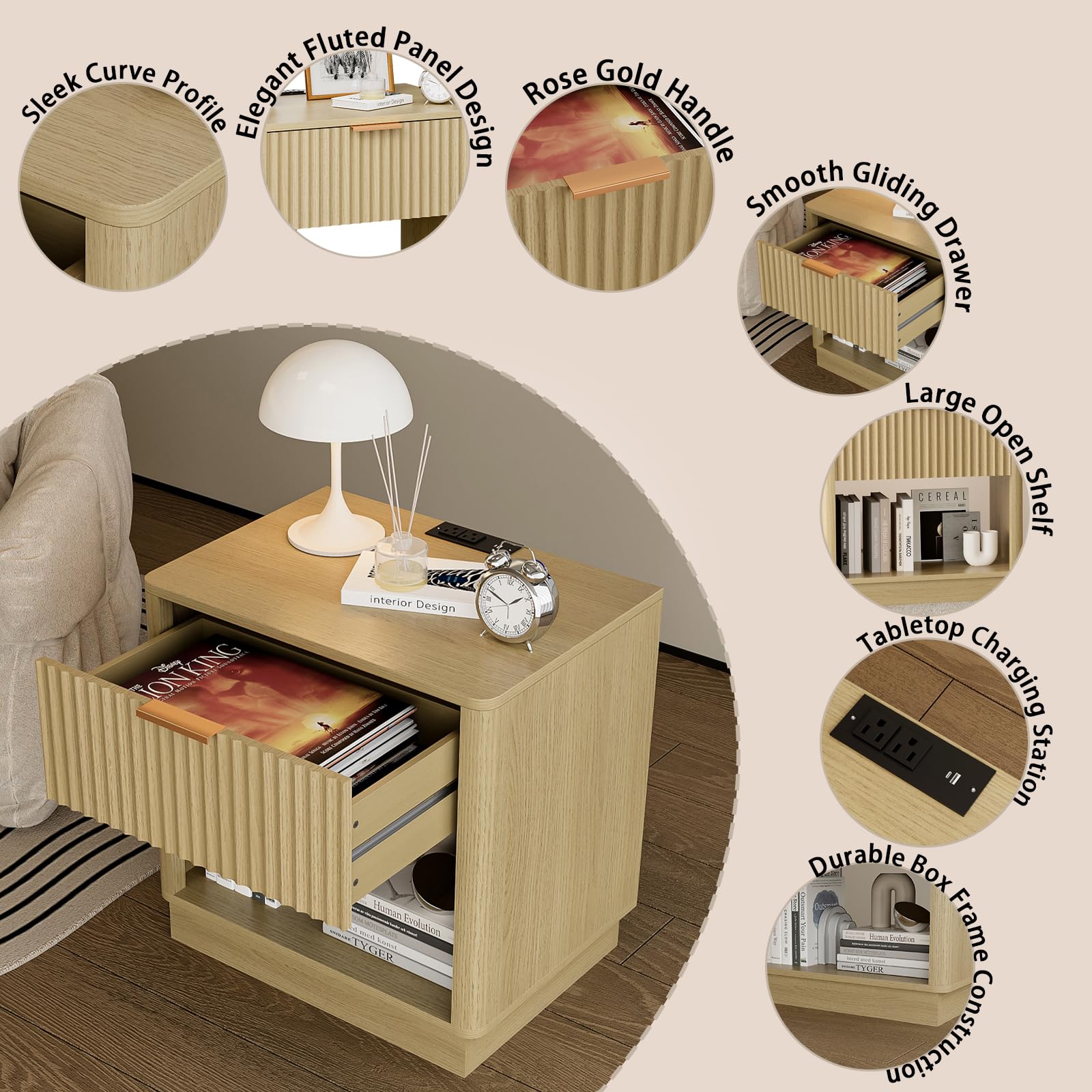 Trironsun Fluted Nightstand with Charging Station Modern Bedside Table with Drawer and Open Shelf Mid Century End Table with Storage for Bedroom Living Room Sofa Office