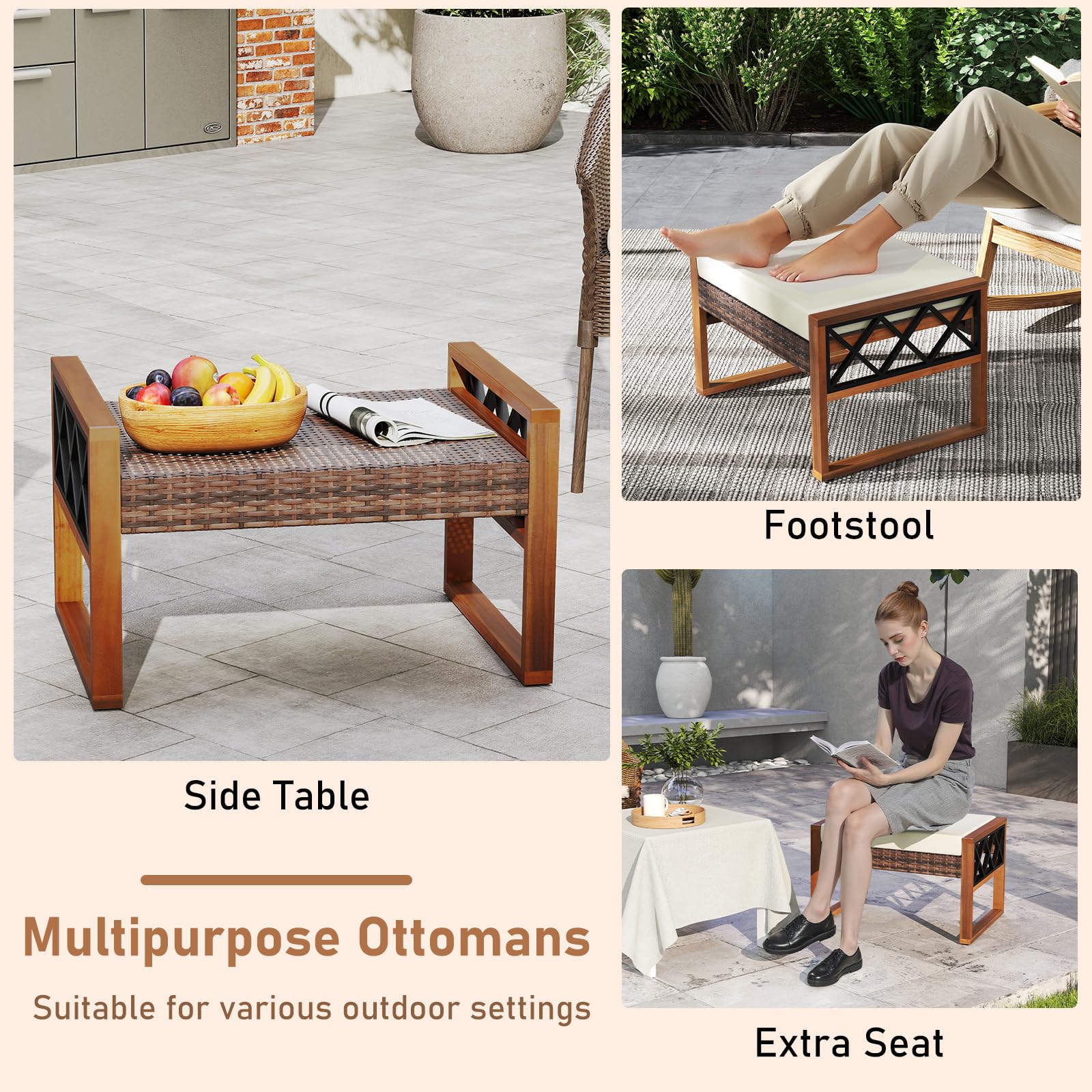 Wicker Outdoor Ottomans Set of 2 with Removable Cushions