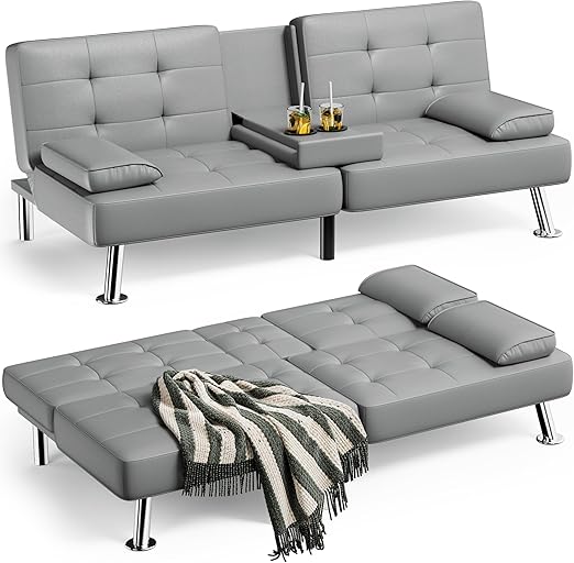 Adjustable Futon Sofa Bed with Cup Holders