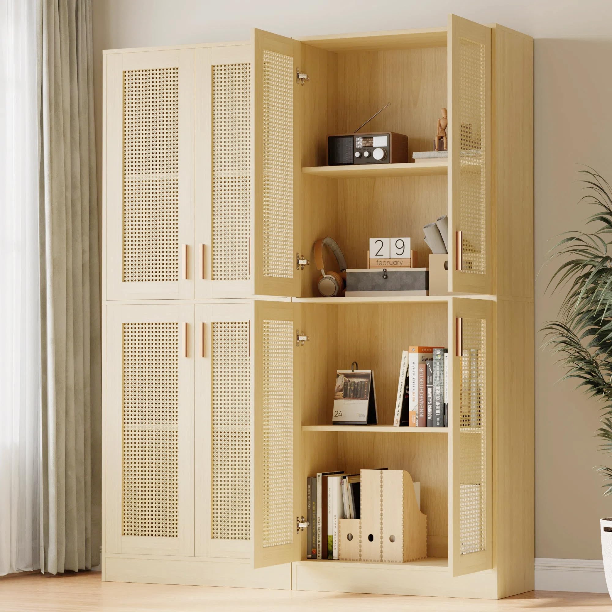 Tall Rattan Storage Cabinet with Adjustable Shelves