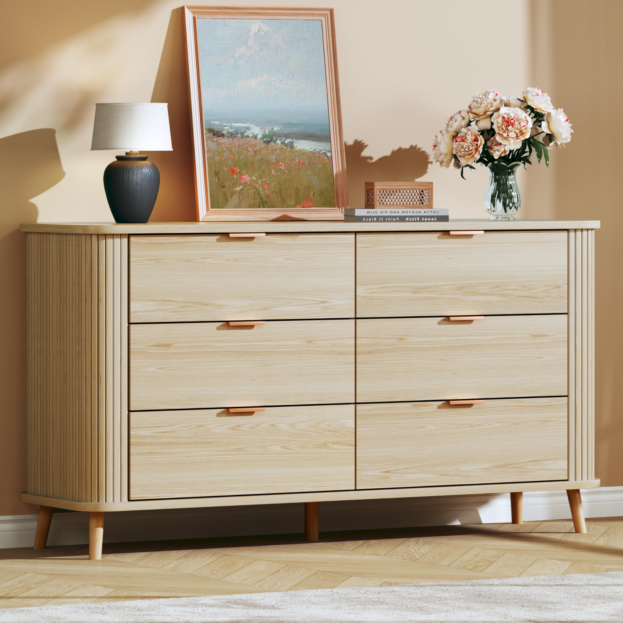 6 Drawer Dresser with Curved Profile and Fluted Design