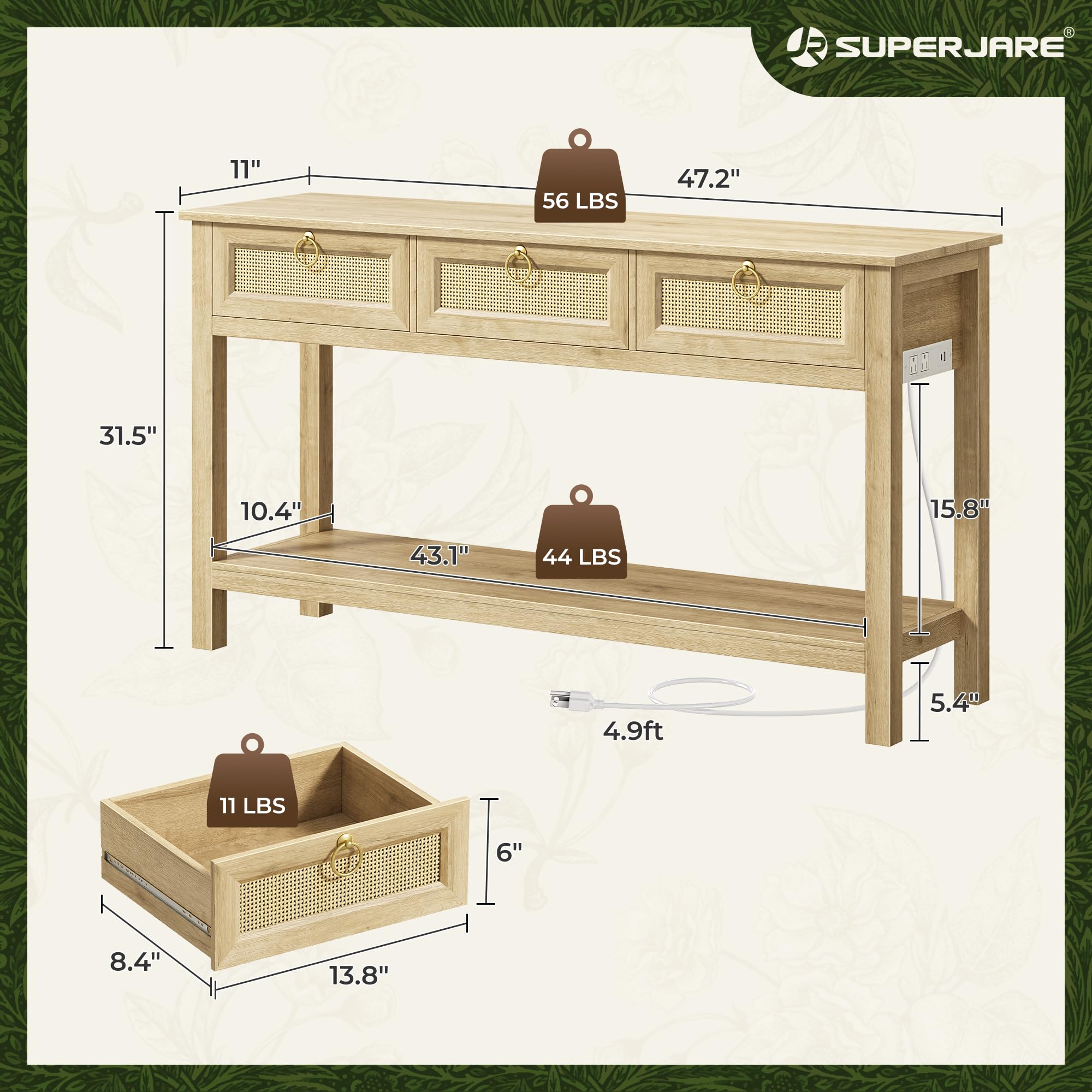 Rattan Console Table with Outlets and USB-C Port