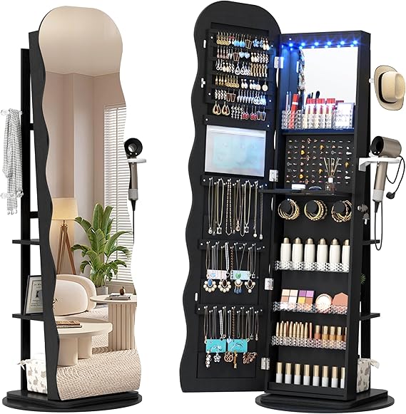 360° Swivel Jewelry Armoire with Wavy Mirror