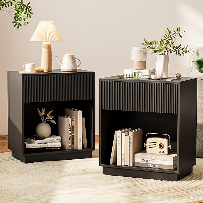 Fluted Nightstands Set of 2 with Drawer and Storage Shelf