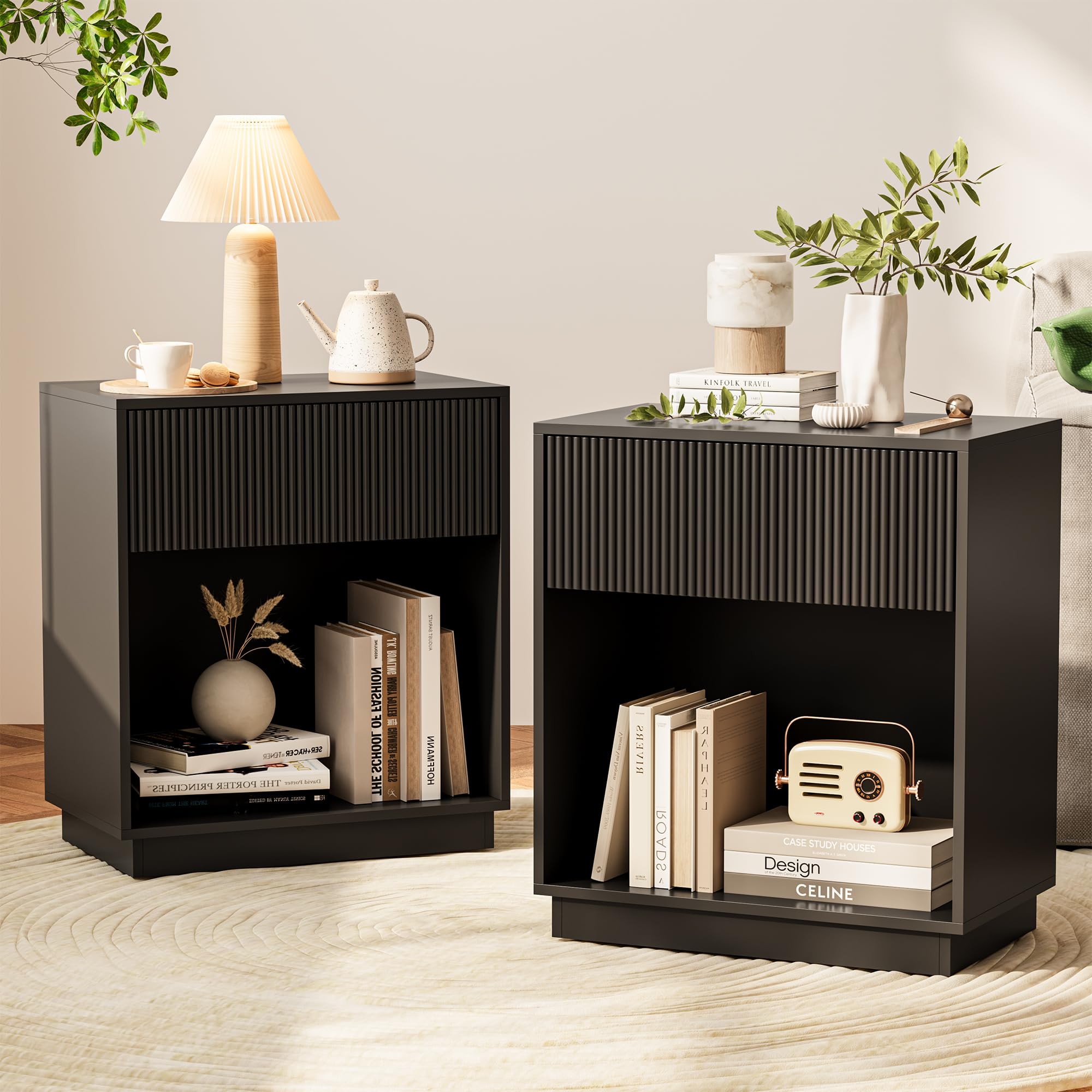 Fluted Nightstands Set of 2 with Drawer and Storage Shelf