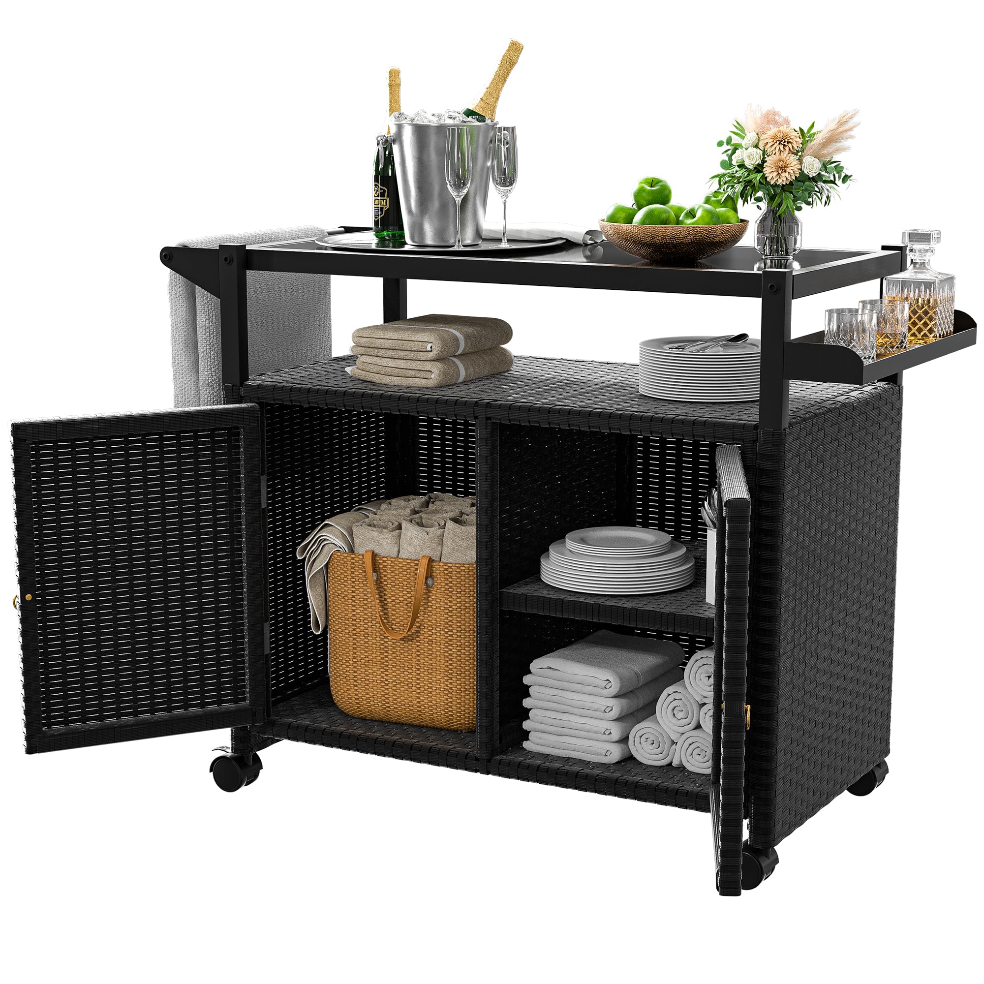 Outdoor Bar Cart with Wicker Cabinet