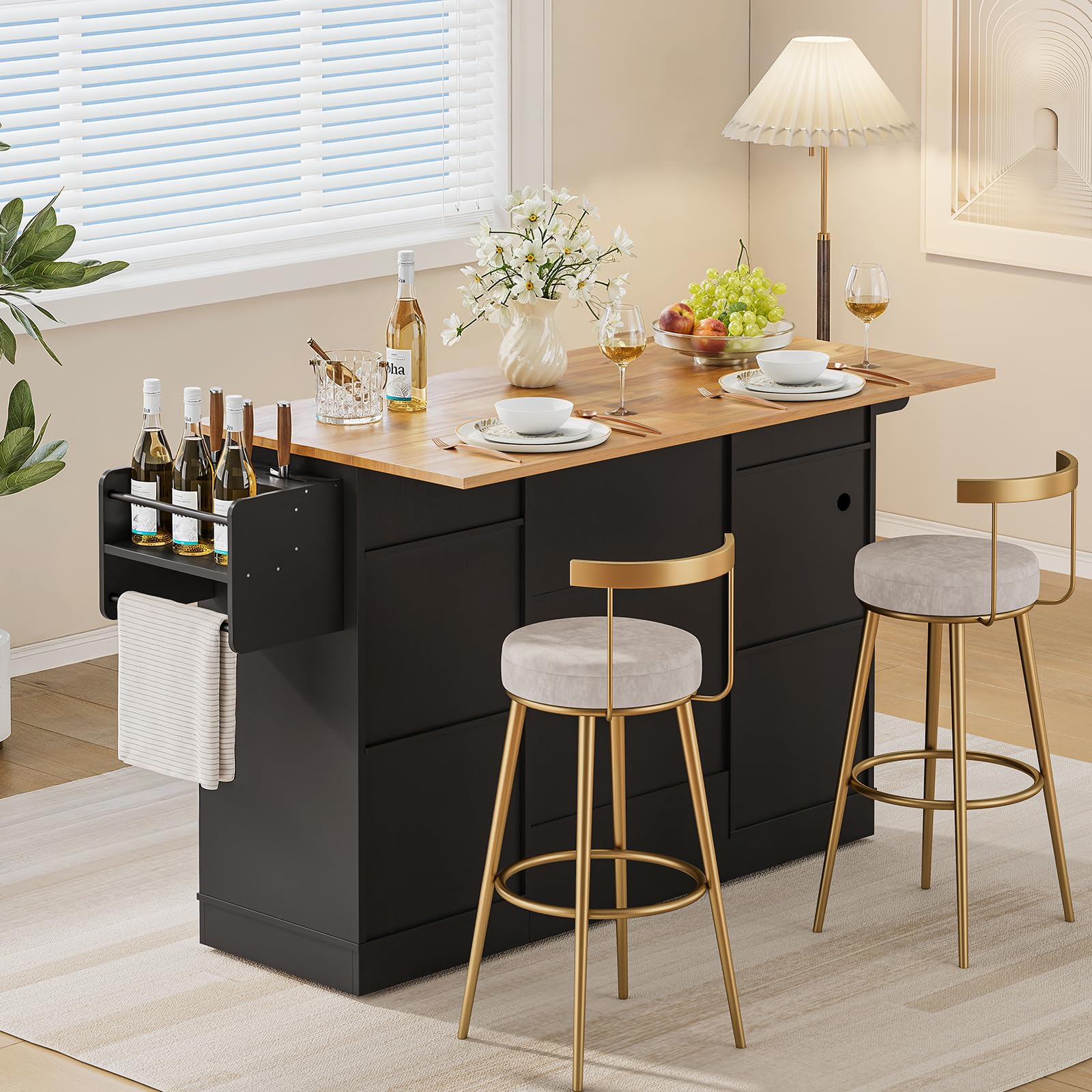 61" Kitchen Island Cart with Drop Leaf and Power Outlet