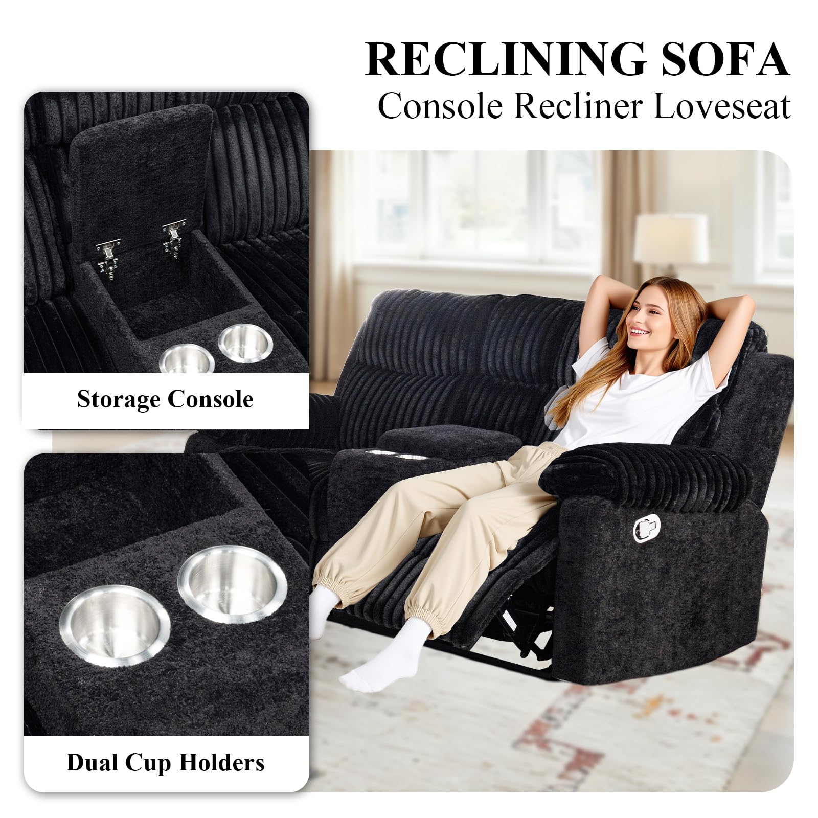 Reclining Sofa Sets, 3 Seater Reclining Couch and Loveseat with Coffee Table, Storage Console, Cup Holders, Corduroy Manual Oversized Recliner Chair with Soft Cushion for Living Room (Black,3PCS)