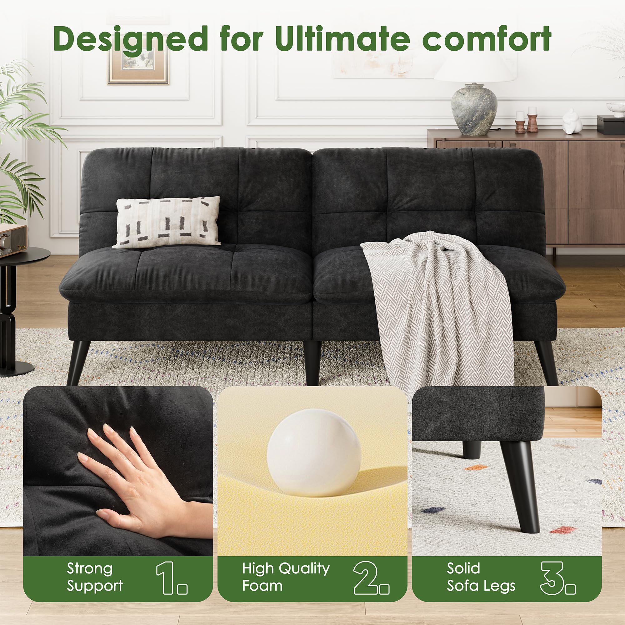 Velvet Futon Sofa Bed with Adjustable Backrest