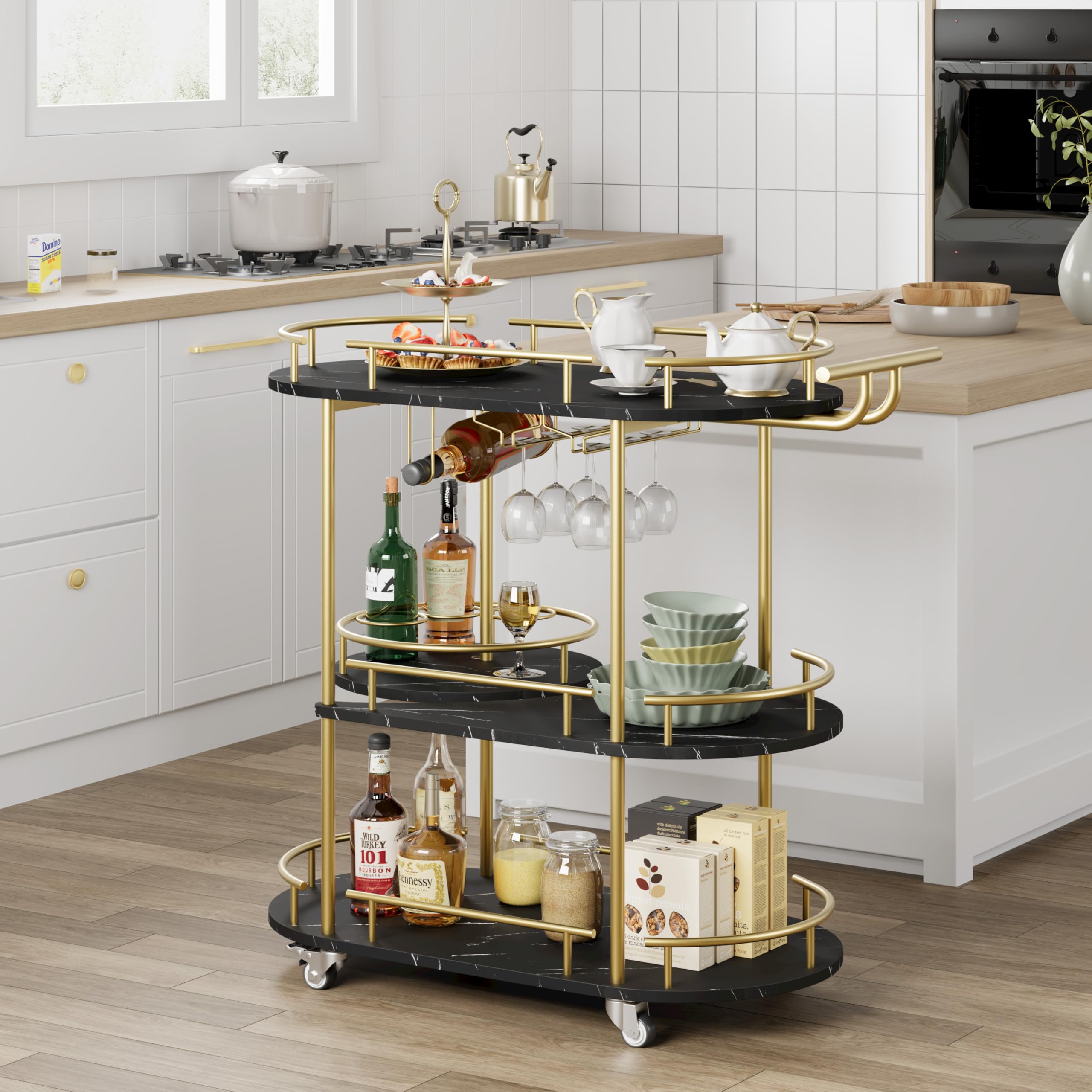 3-Tier Bar Cart with Wine Rack and Wheels