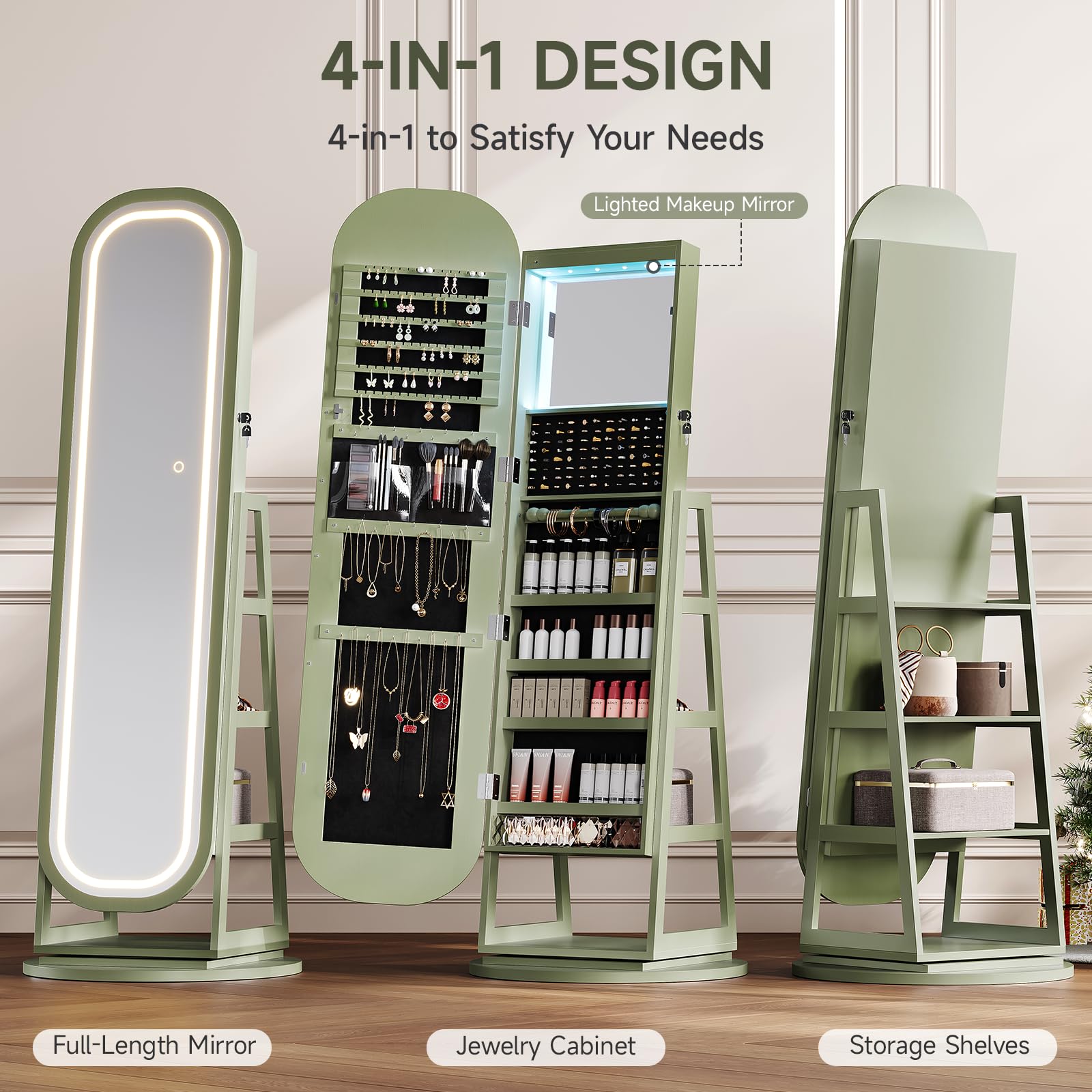 360° Swivel Jewelry Mirror Cabinet with LED Lights