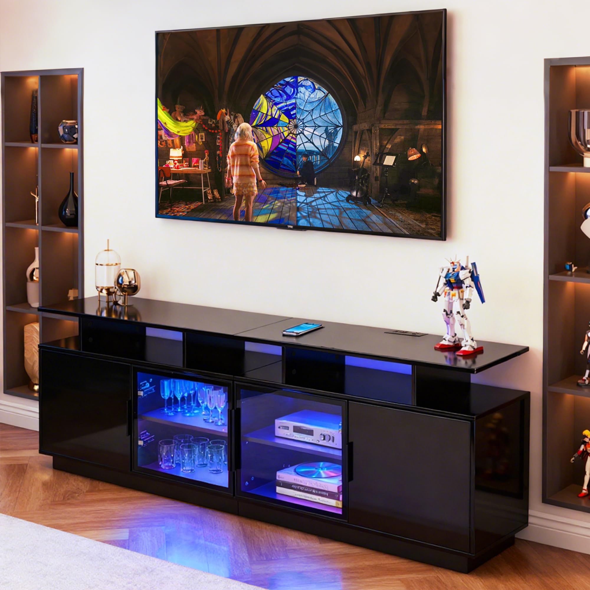 70 Inch TV Stand with LED Lights and Charging Station