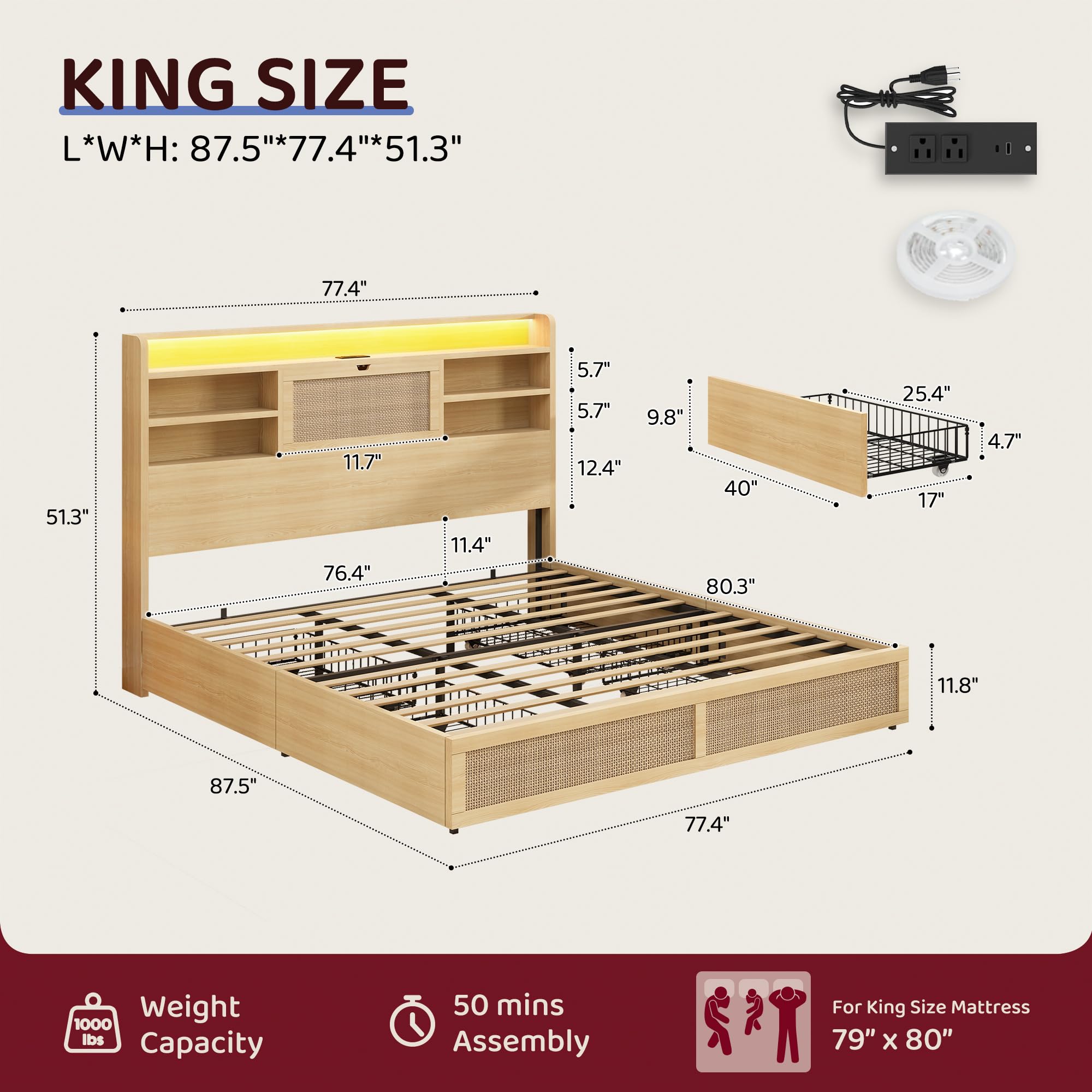 King Size Rattan Bed Frame with Storage Drawers and LED Lights