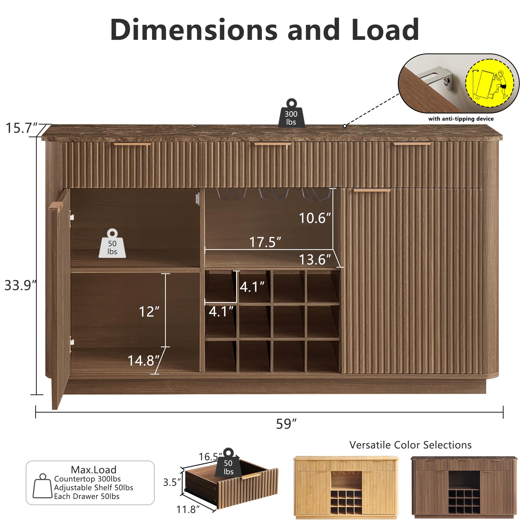 59" Fluted Sideboard Buffet Cabinet with Faux Marble Top