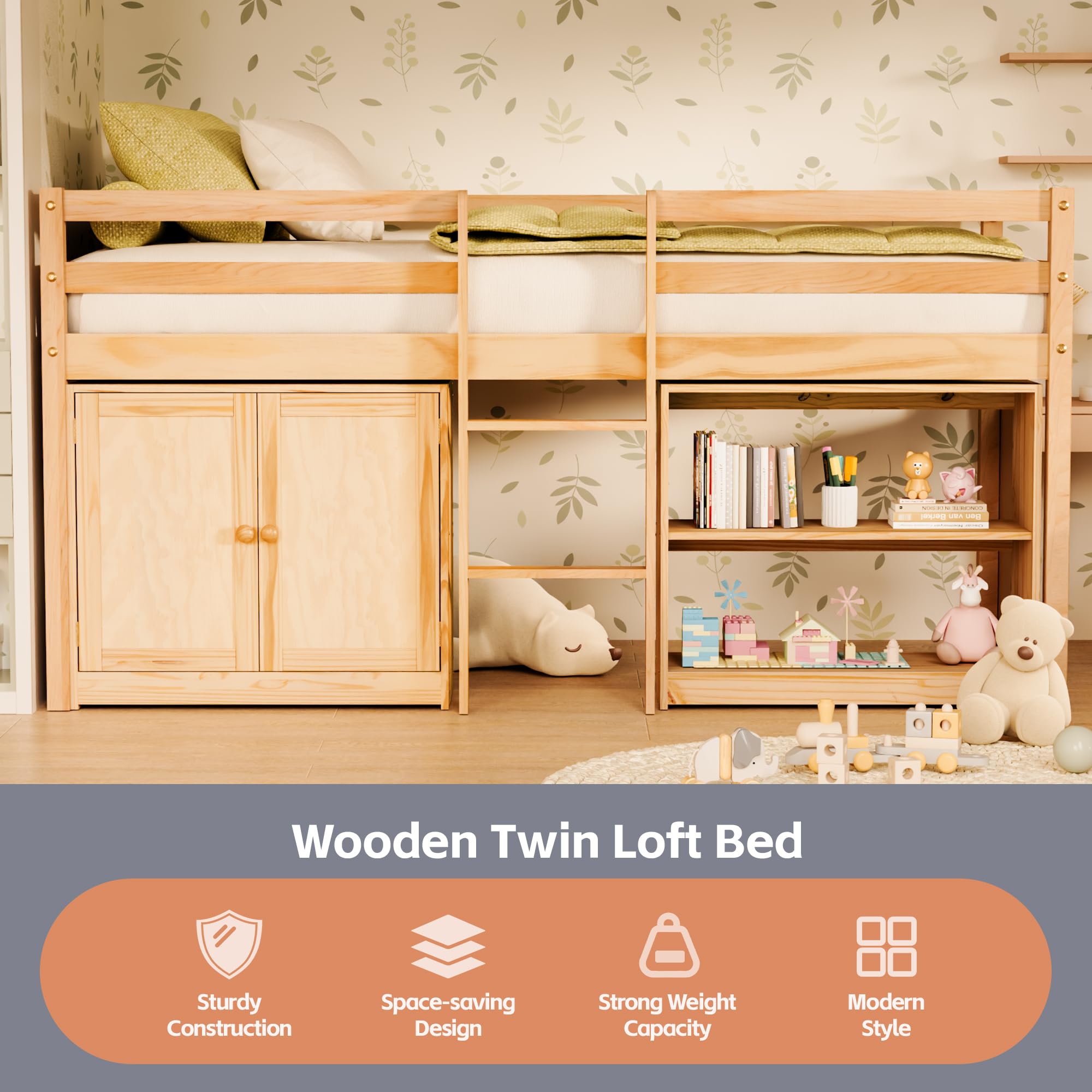 Twin Loft Bed with LED Lights and Storage