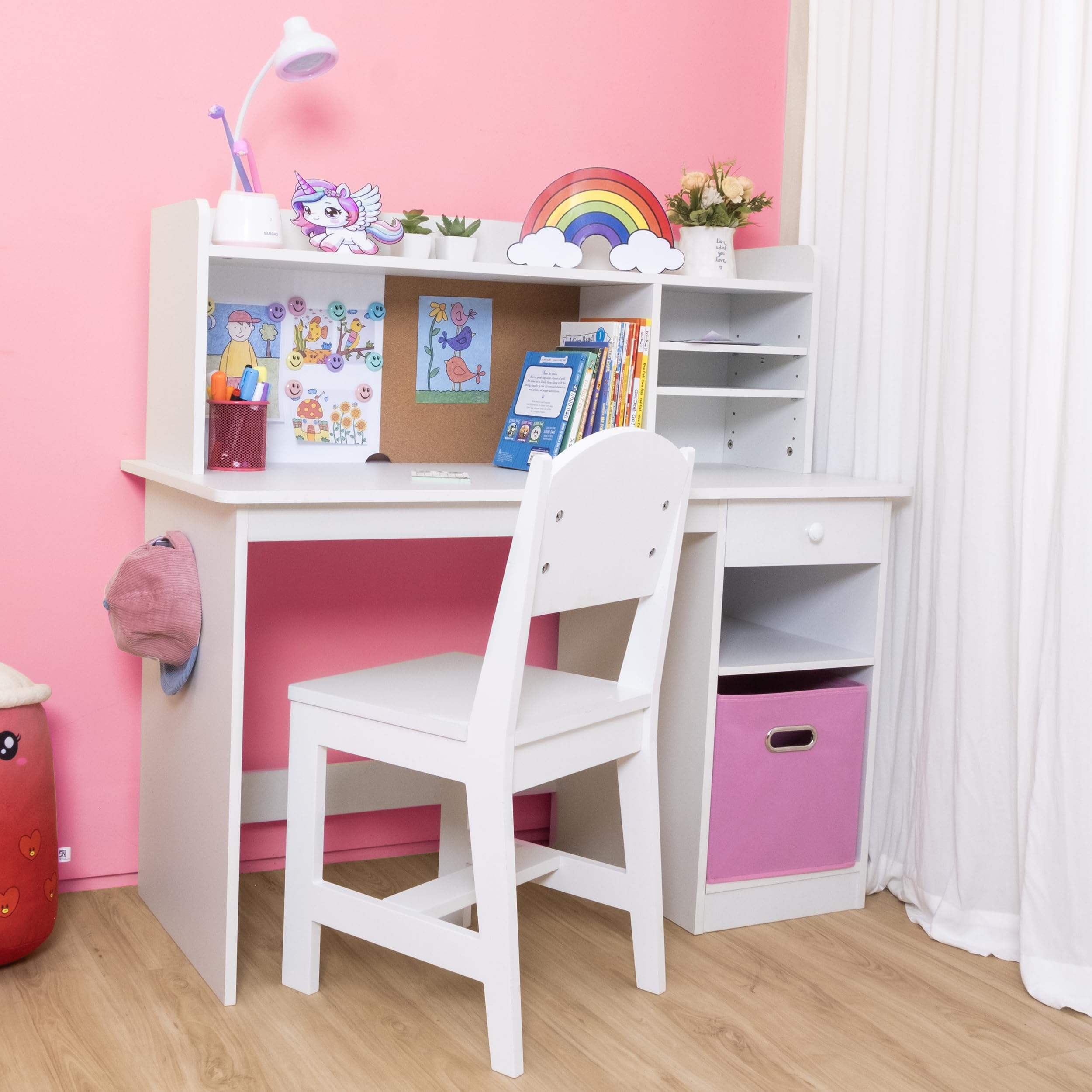 Kids Study Desk with Chair Set — Wooden Child Desk with Hutch & Storage Cabinet