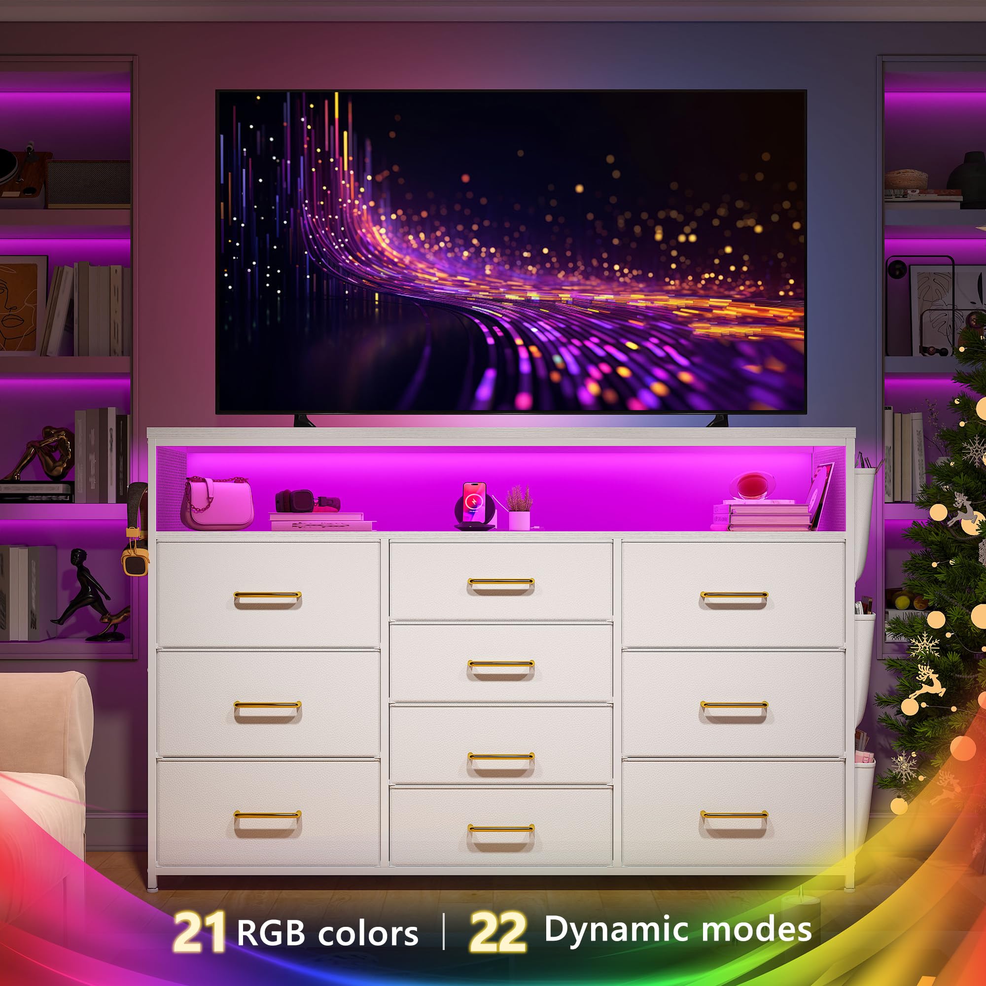 10 Drawer Dresser with Wood Shelves and LED Lights