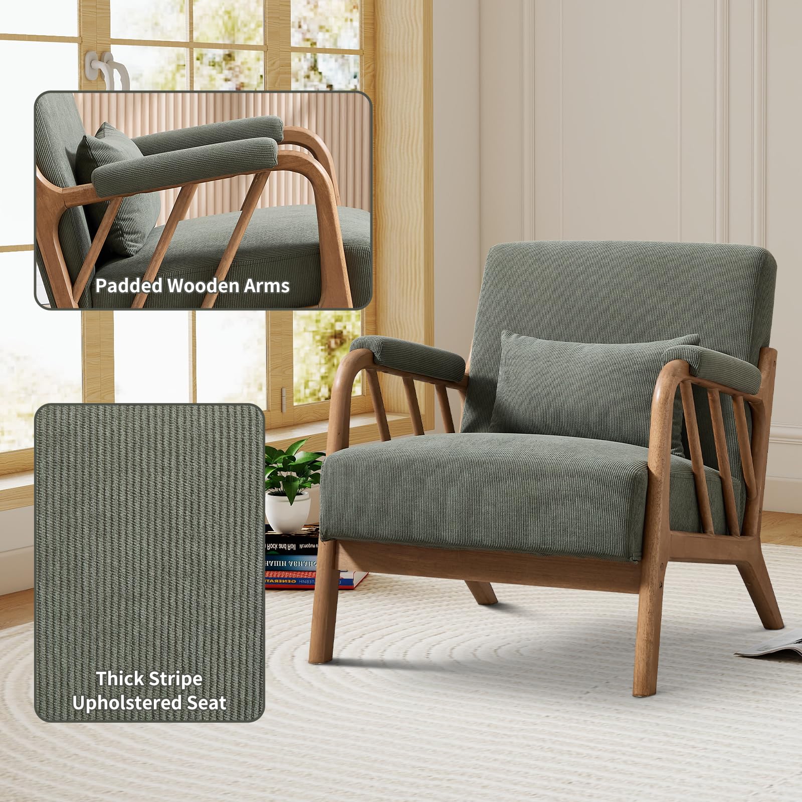 IOMOR Mid Century Modern Accent Chair with Solid Wood Frame, Upholstered Living Room Chairs with Lumbar Cushion Padded Arms, Reading Armchair for Bedroom (1, Olive Green)