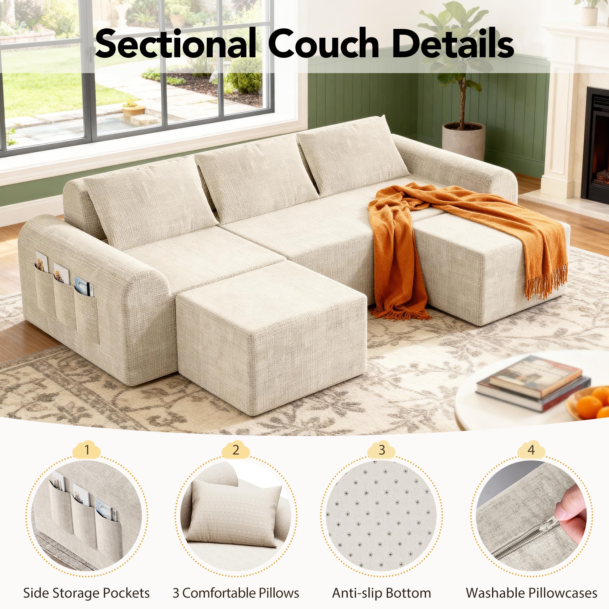 Cloud Sectional Couch with Ottoman and Pillows