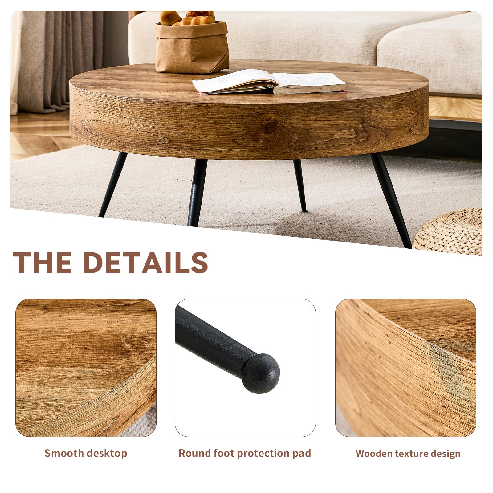 Round Wood Coffee Table with Storage