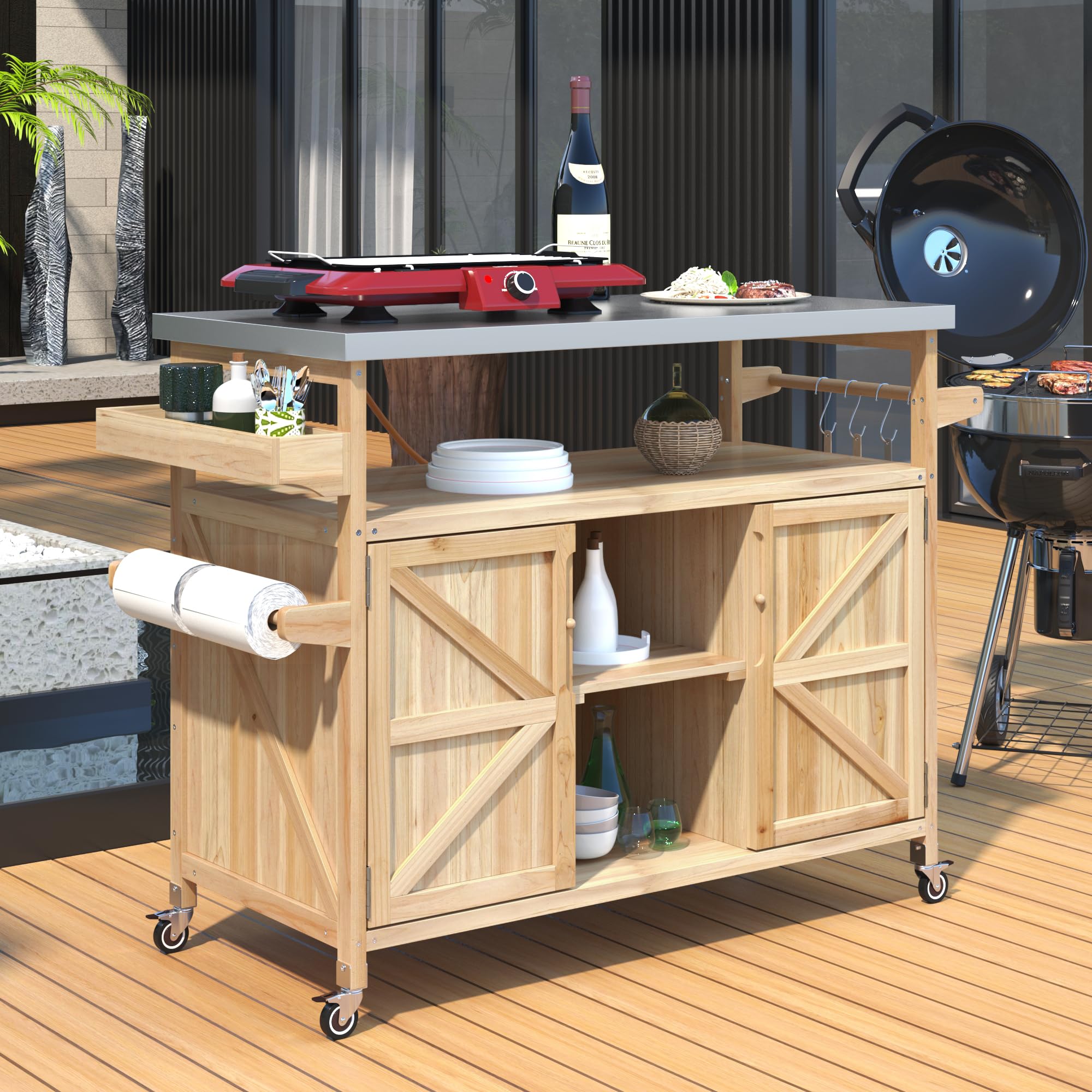 Outdoor Kitchen Rolling Bar Cart with Stainless Steel Top
