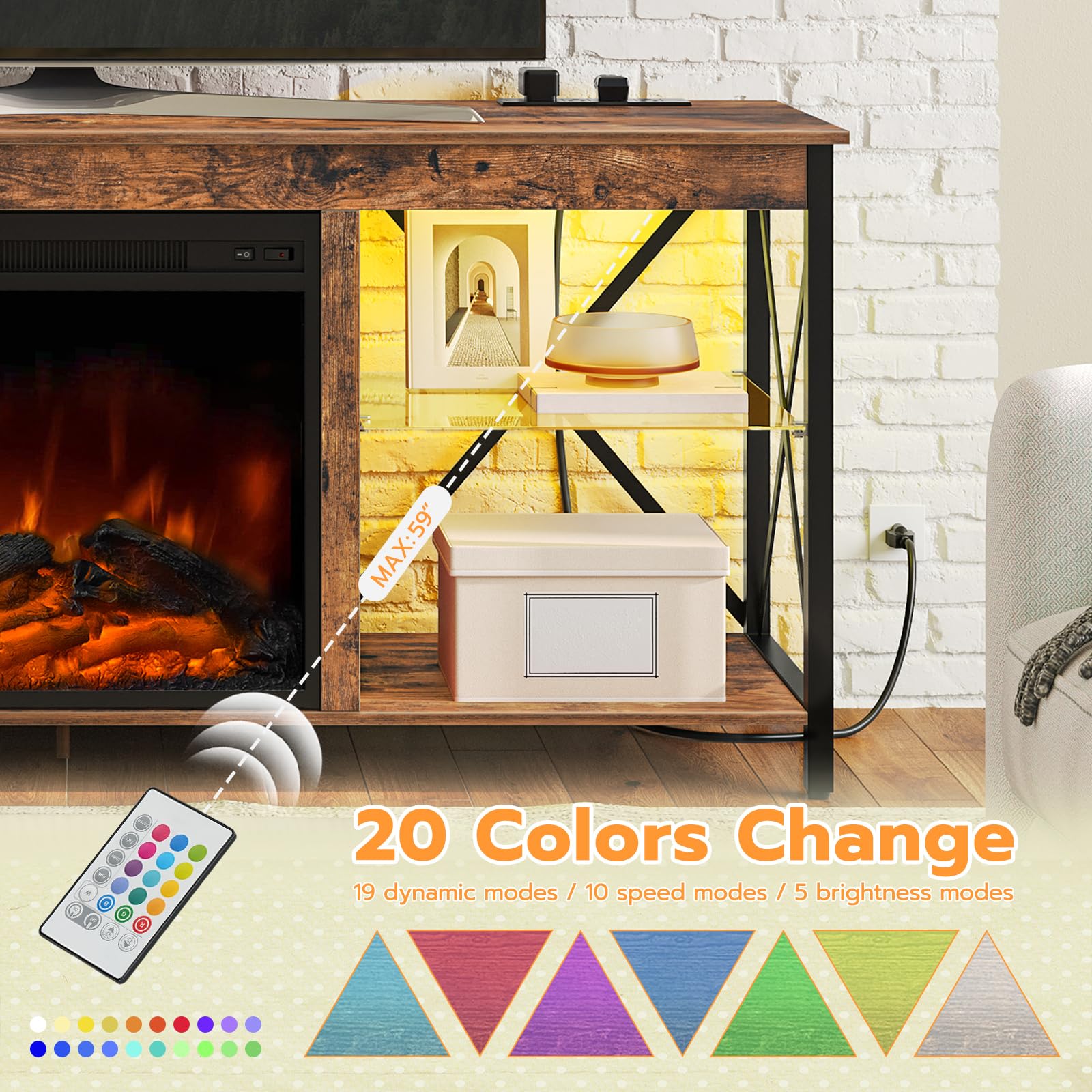 Fireplace TV Stand with Charging Station and LED Lights