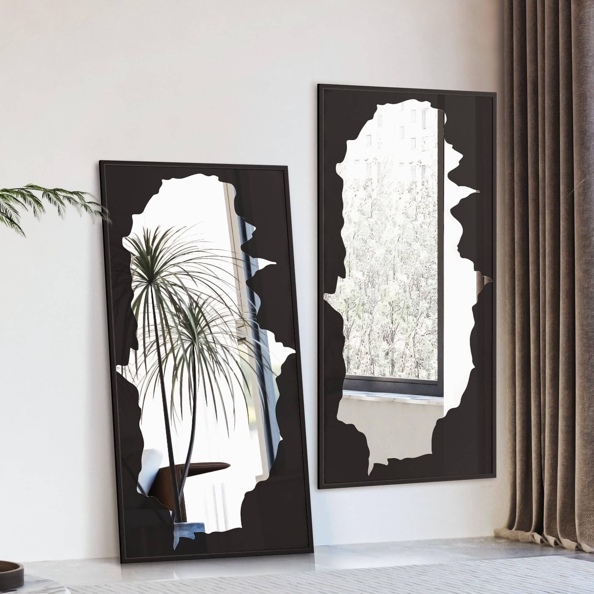 55x28 Full-Length Mirror with Artistic Black Abstract Overlay