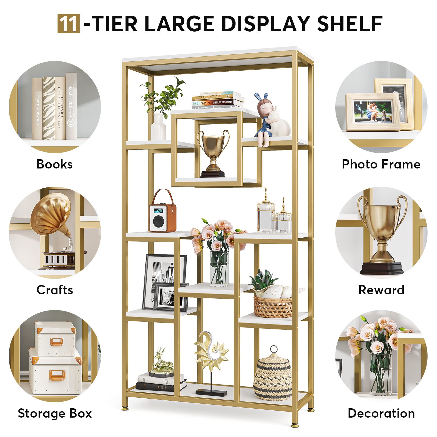 71" Gold Bookshelves Set of 2 - 11-Tier Display Bookcase