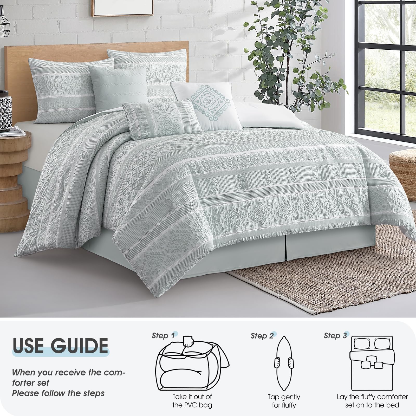 7 Piece Queen Comforter Set Dusty Green Jacquard Patchwork