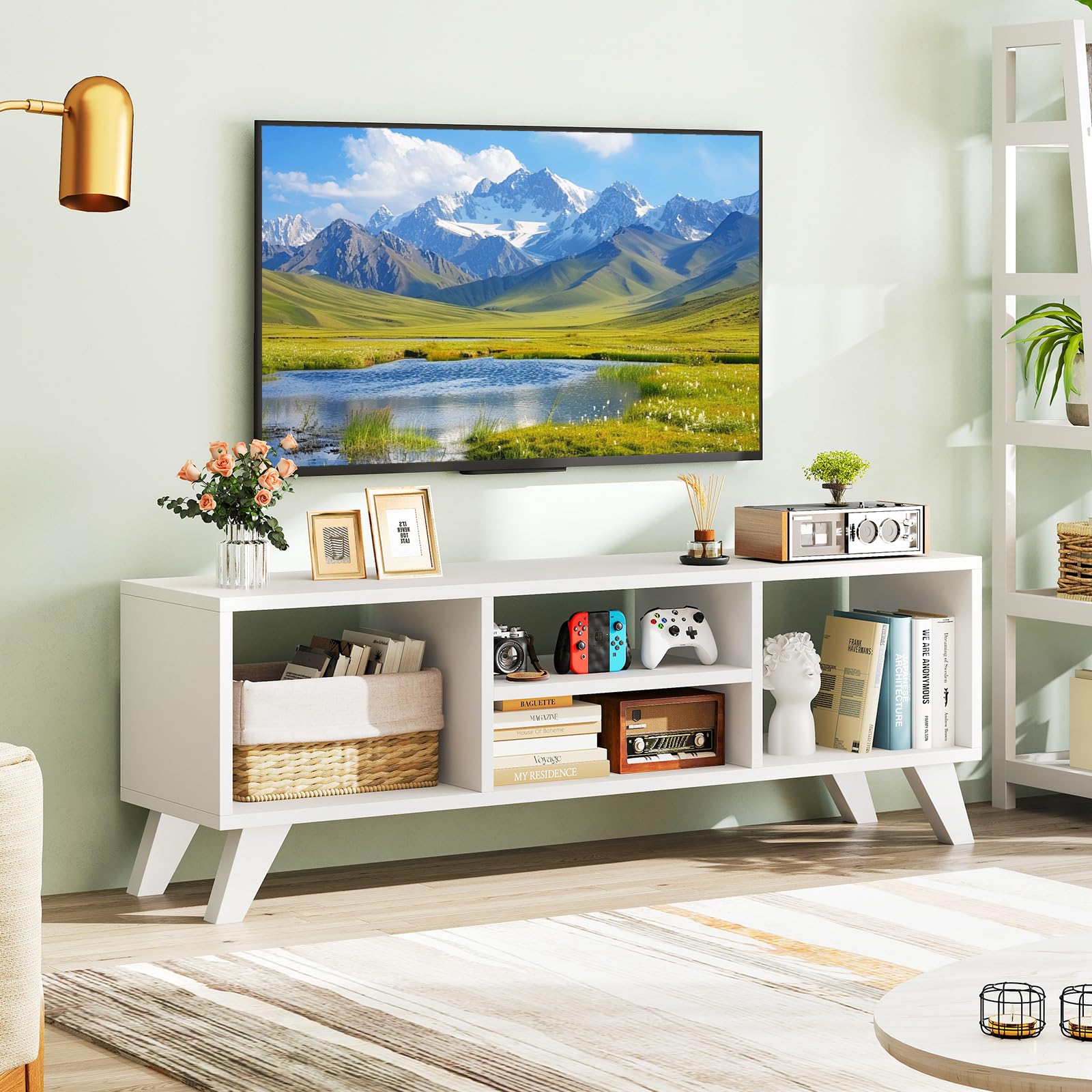 White TV Stand for 55 Inch TVs with 4 Open Compartments